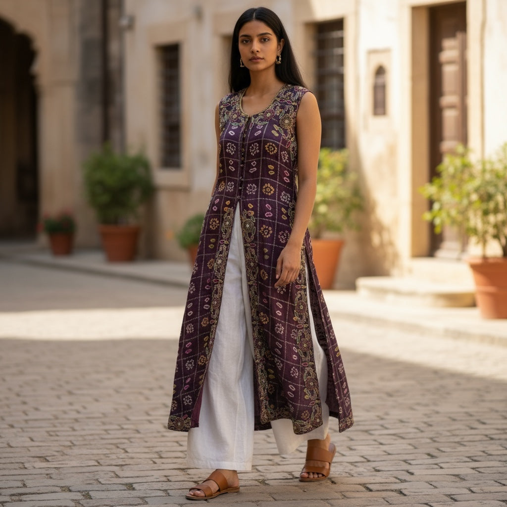 Silk Bandhani Embroidered Slit Front Kurta -Size 34