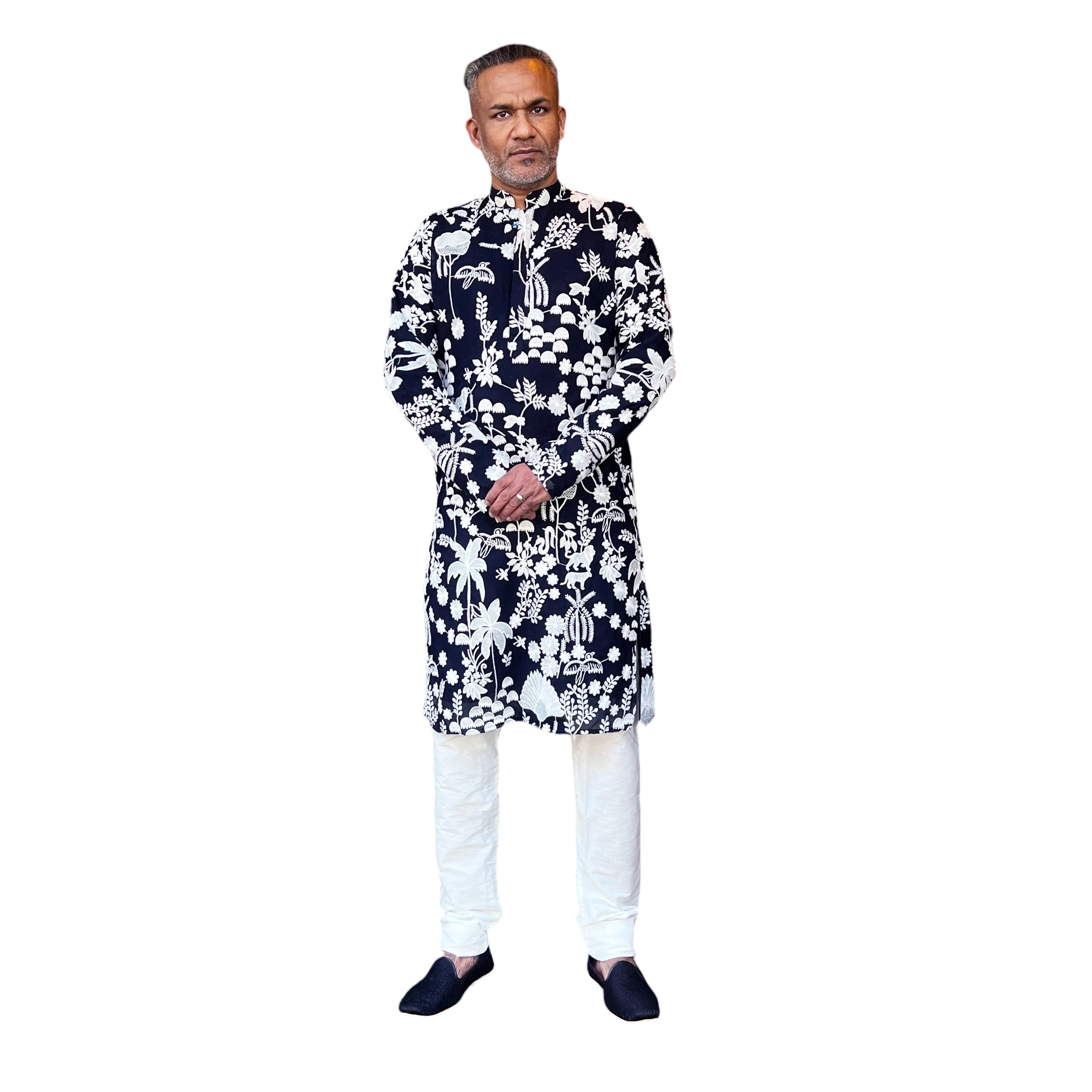 Black or Navy w/ White Embroidered Kurta