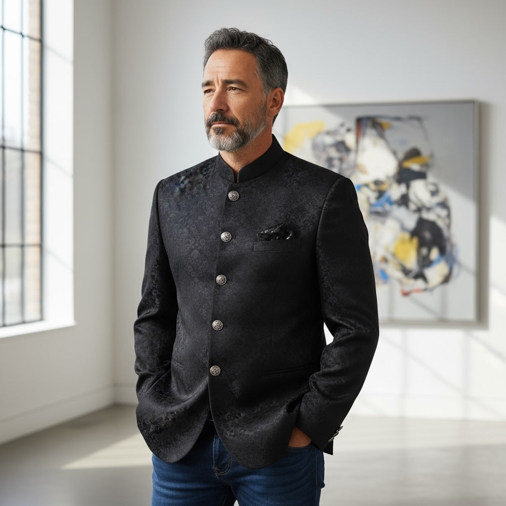 Black Jacquard Jodhpuri Jacket