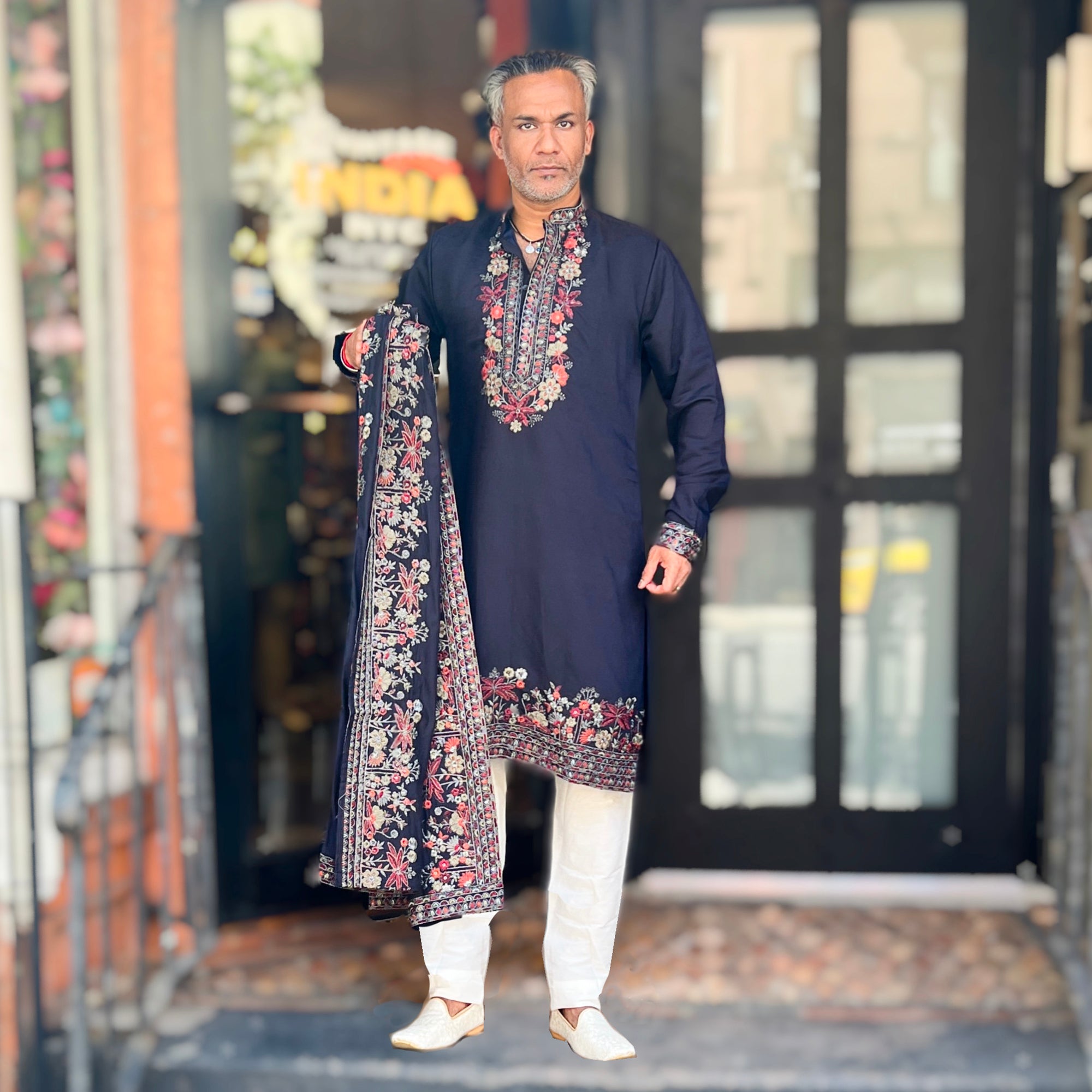 Black Embroidered Floral Kurta with Dupatta