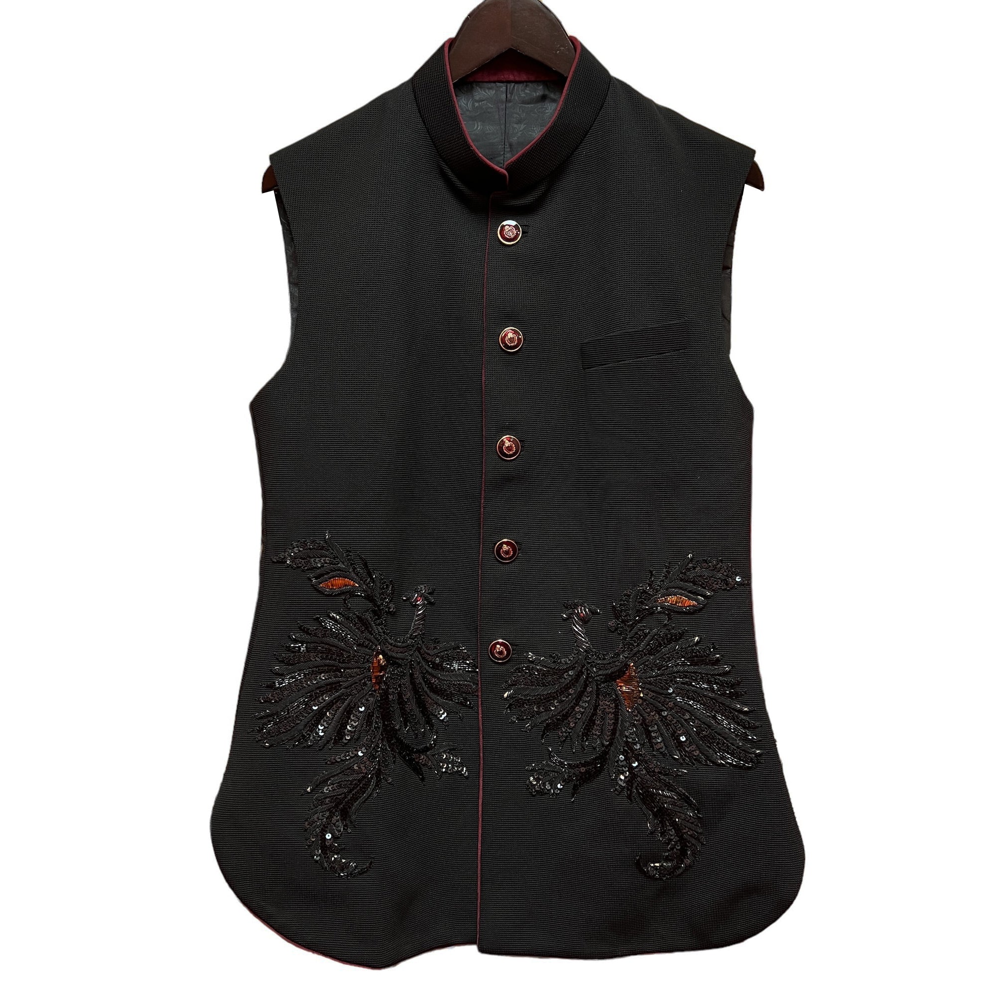 Heavy Embroidered Black Peacock Vest-40 - Vintage India NYC