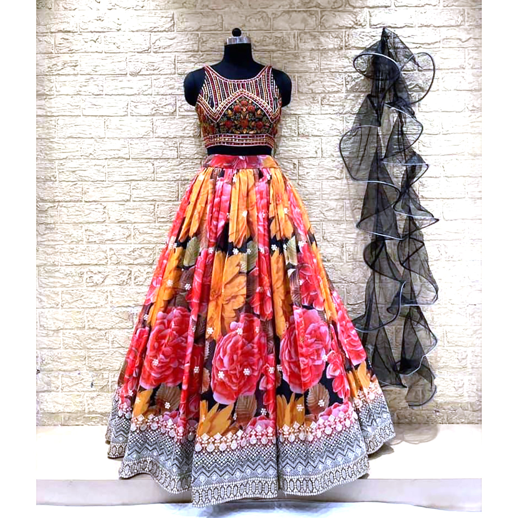 Black Floral Print Lehenga Set