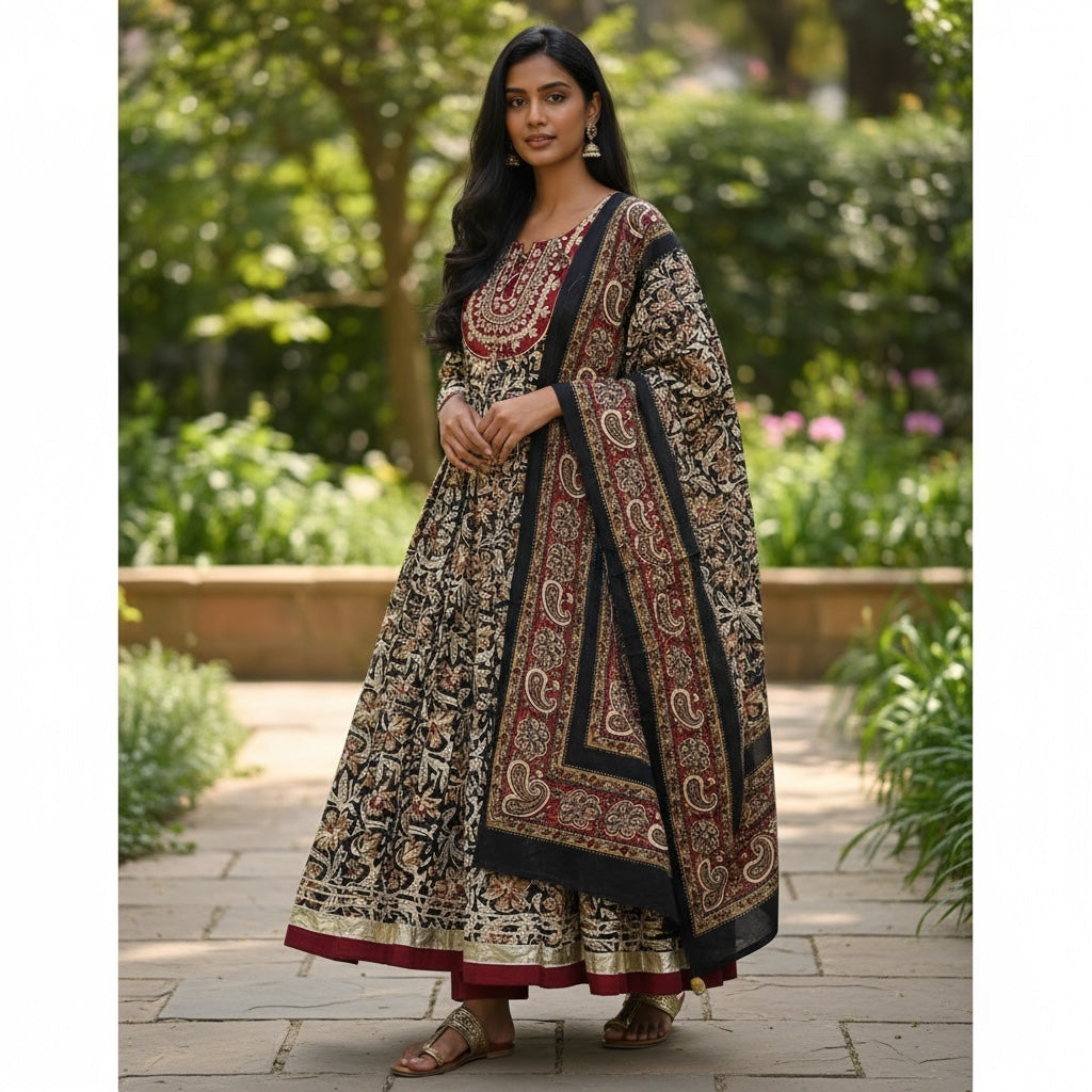 Black and Red Block Print Anarkali Set