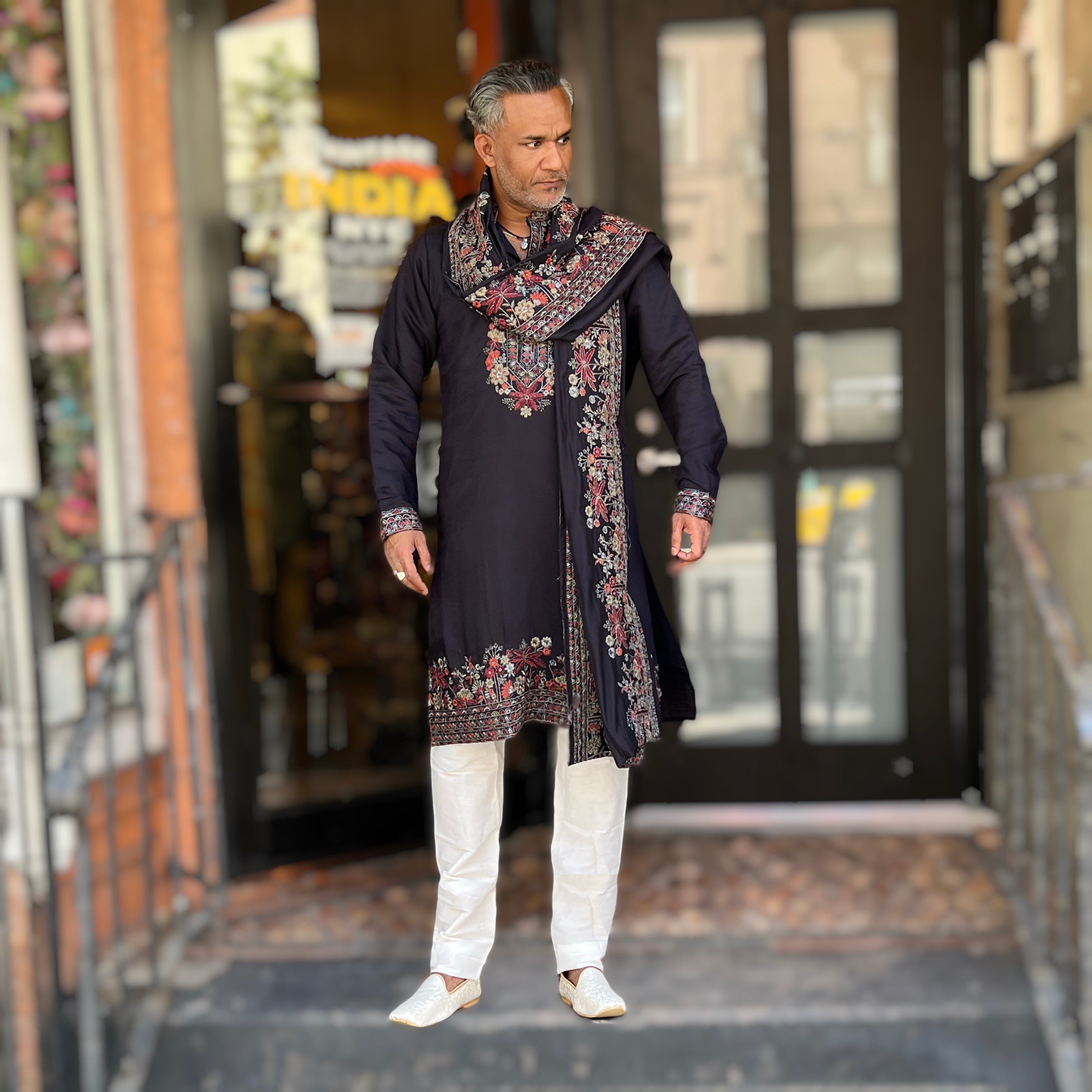 Black Embroidered Floral Kurta with Dupatta
