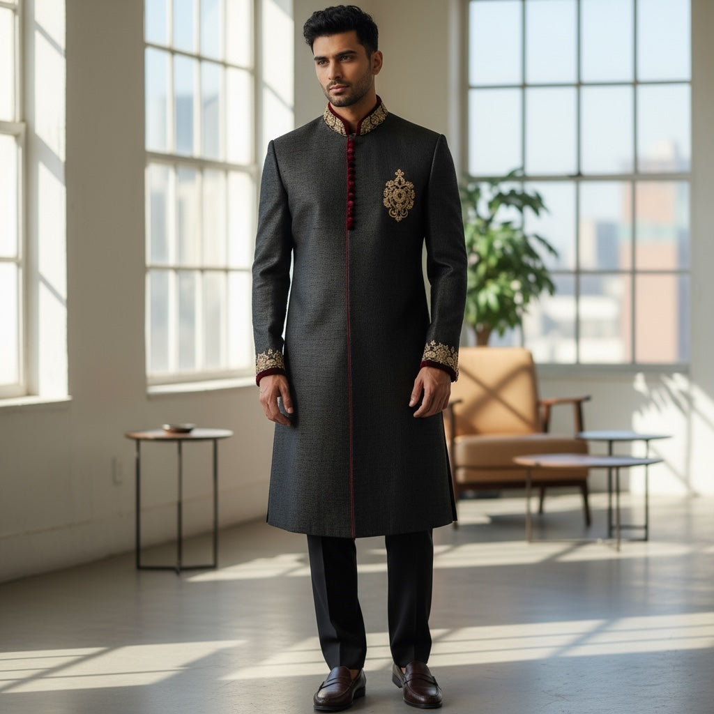 Black Raw Silk Sherwani