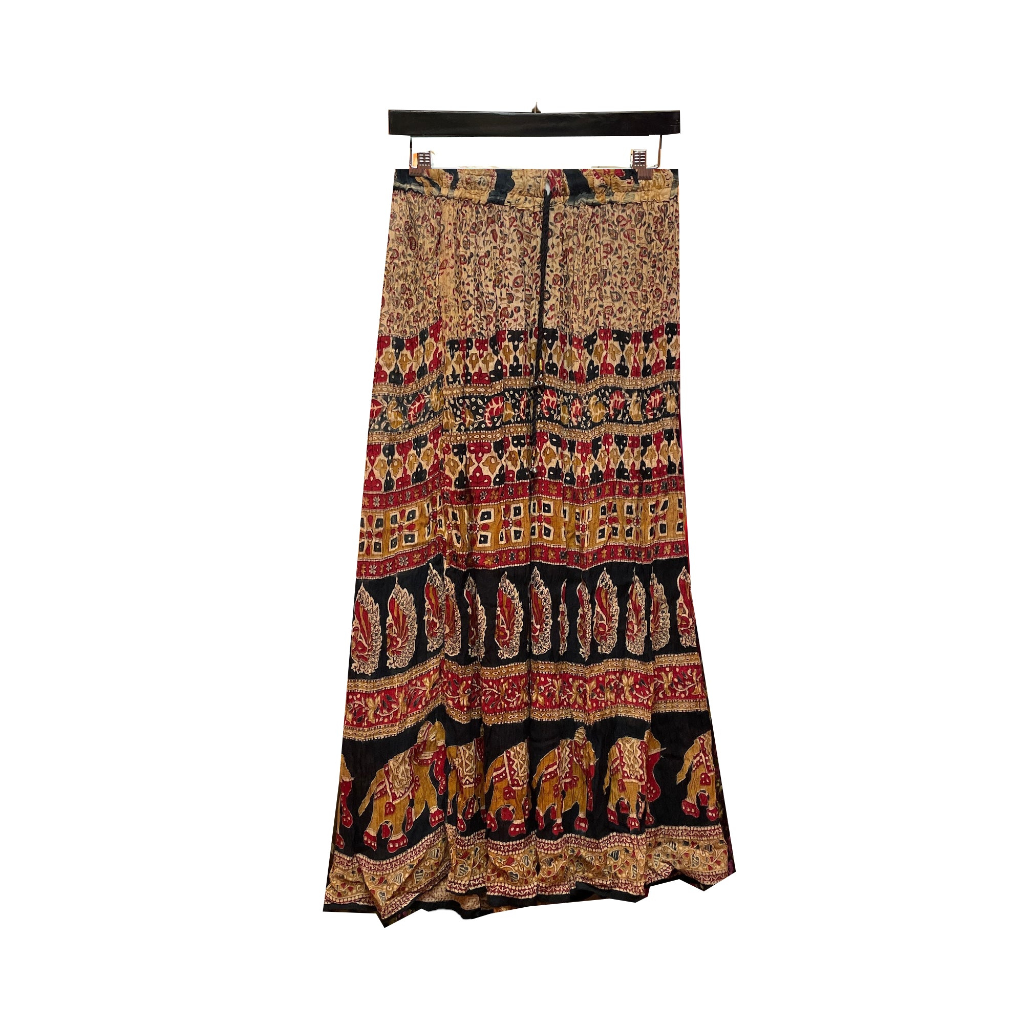 Cotton Boho Skirt-Black & Tan Elephant Print - Vintage India NYC