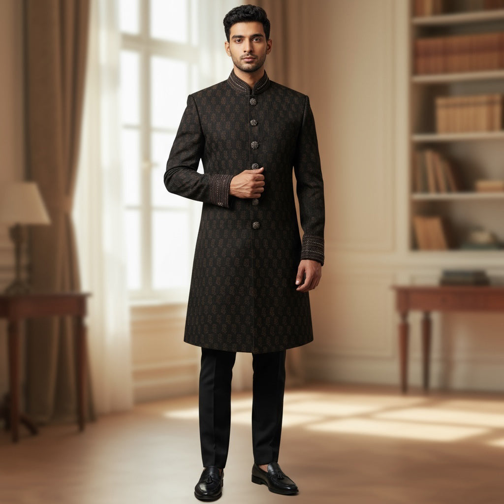 Black Wool Brocade Sherwani