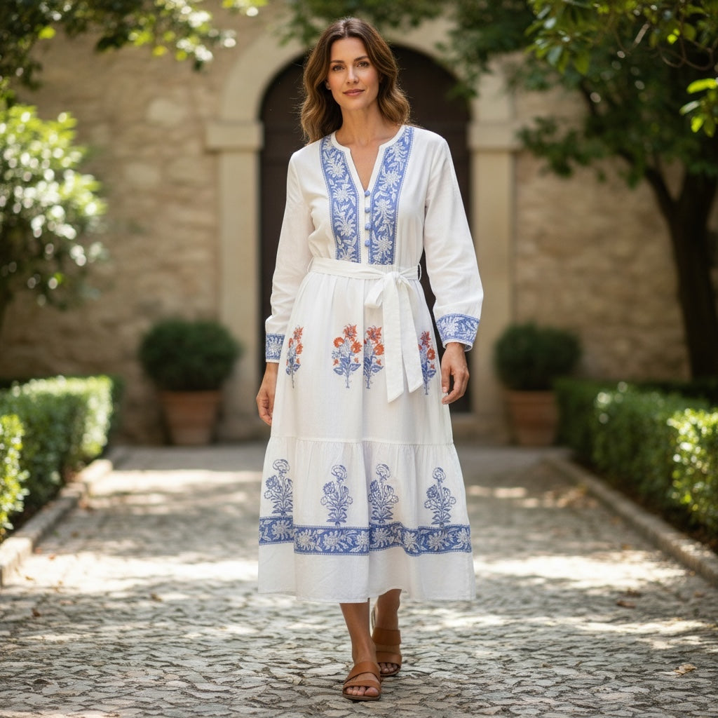 Blue & White Blockprint Dress - Vintage India NYC