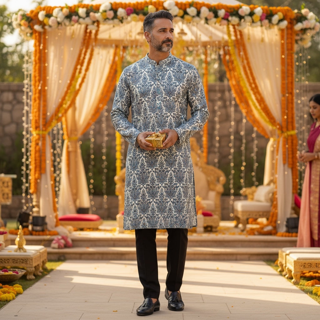 Heavy Blue Green Floral Paisley Embroidered Kurta