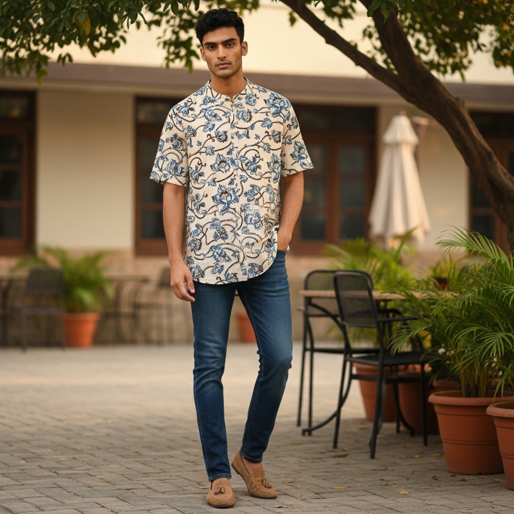 AR Mens Block Print Short Kurta 4 - Vintage India NYC