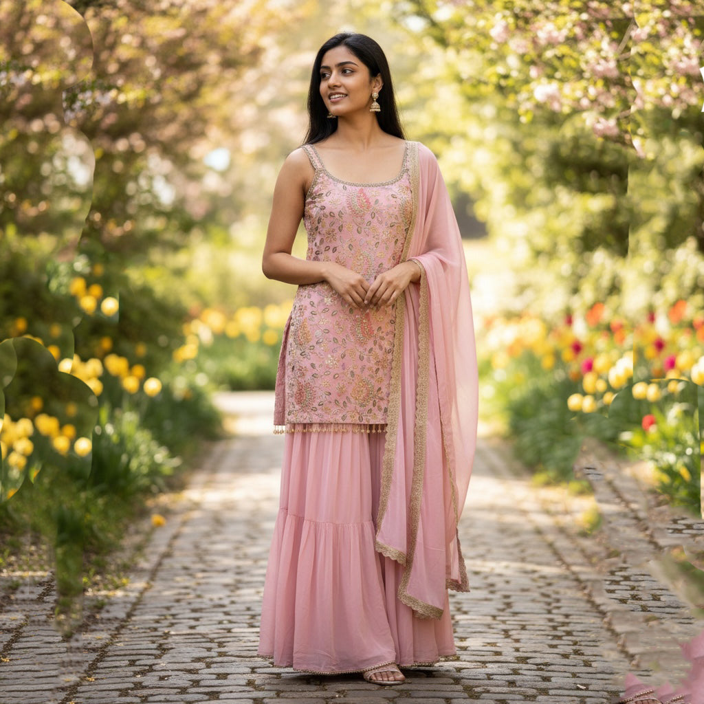 Rose Pink Embroidered Gharara Set