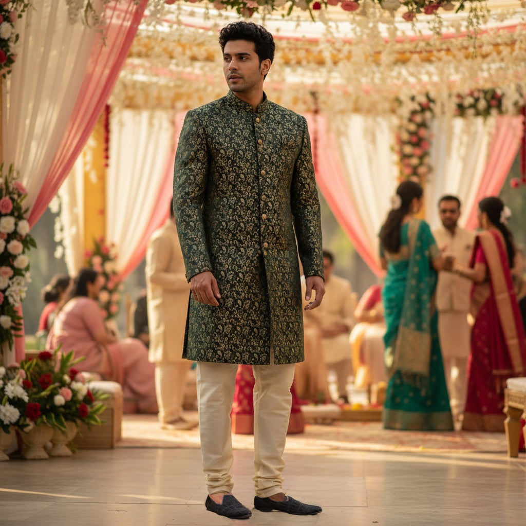 Bottle Green Paisley Jacquard Sherwani - Vintage India NYC