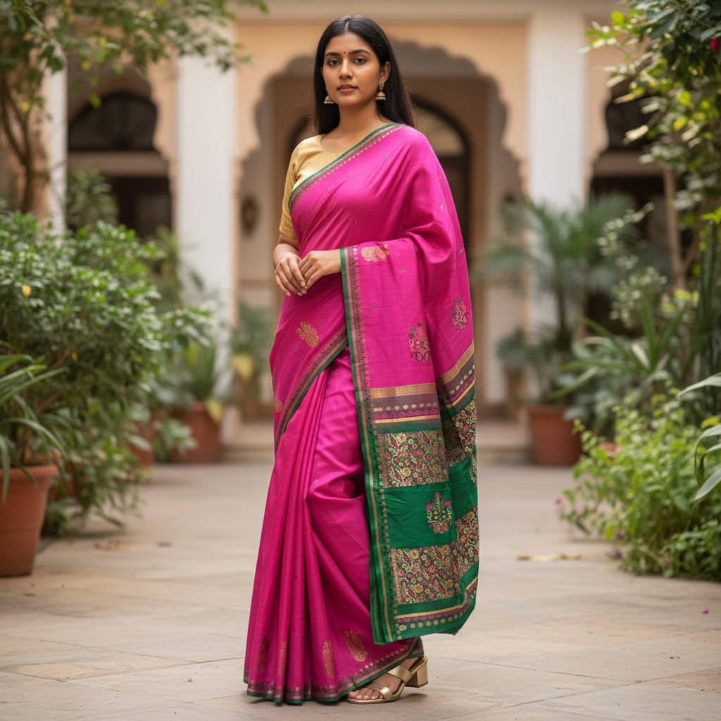 Bright Pink & Green Silk Banarasi Saree - Vintage India NYC