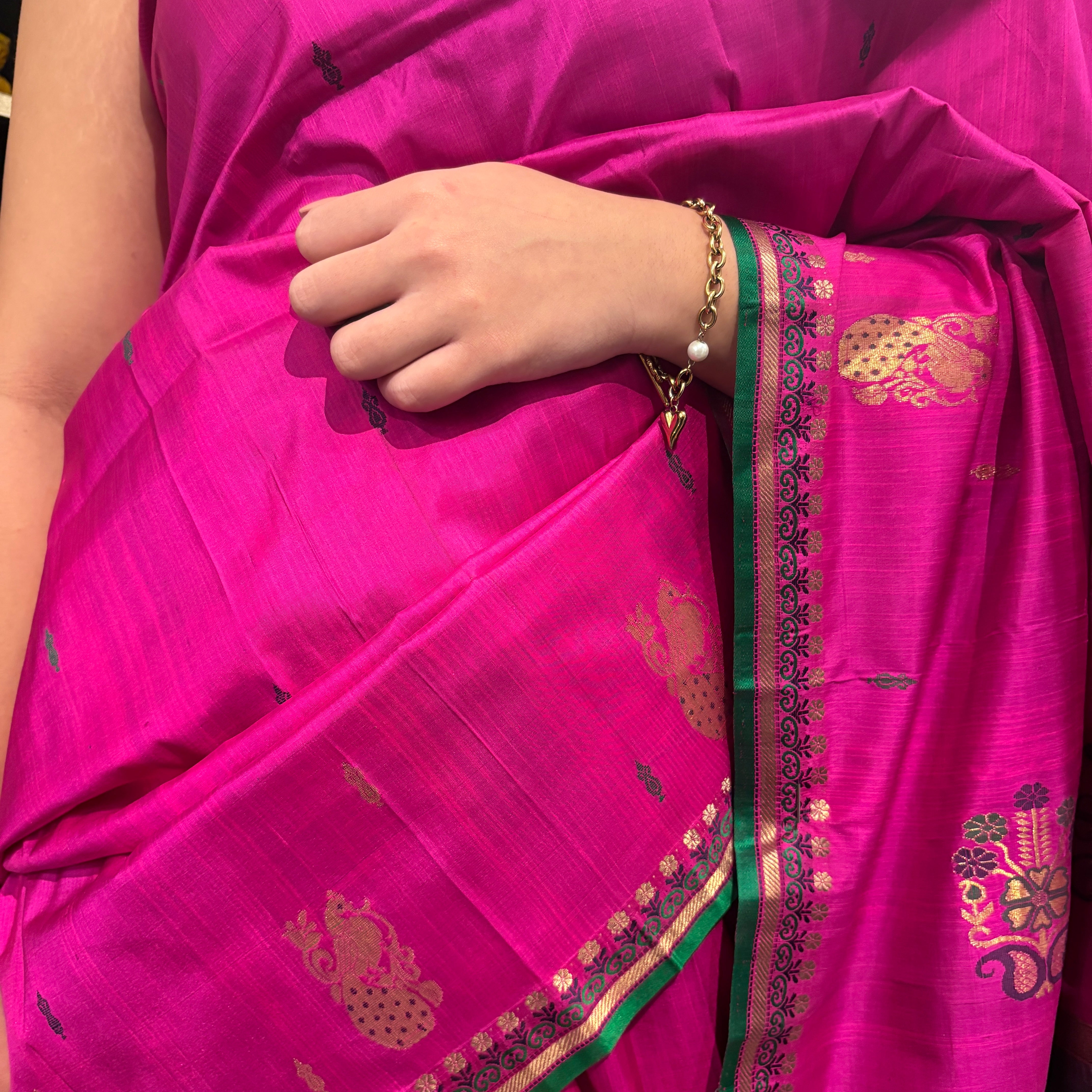 Bright Pink & Green Silk Banarasi Saree - Vintage India NYC