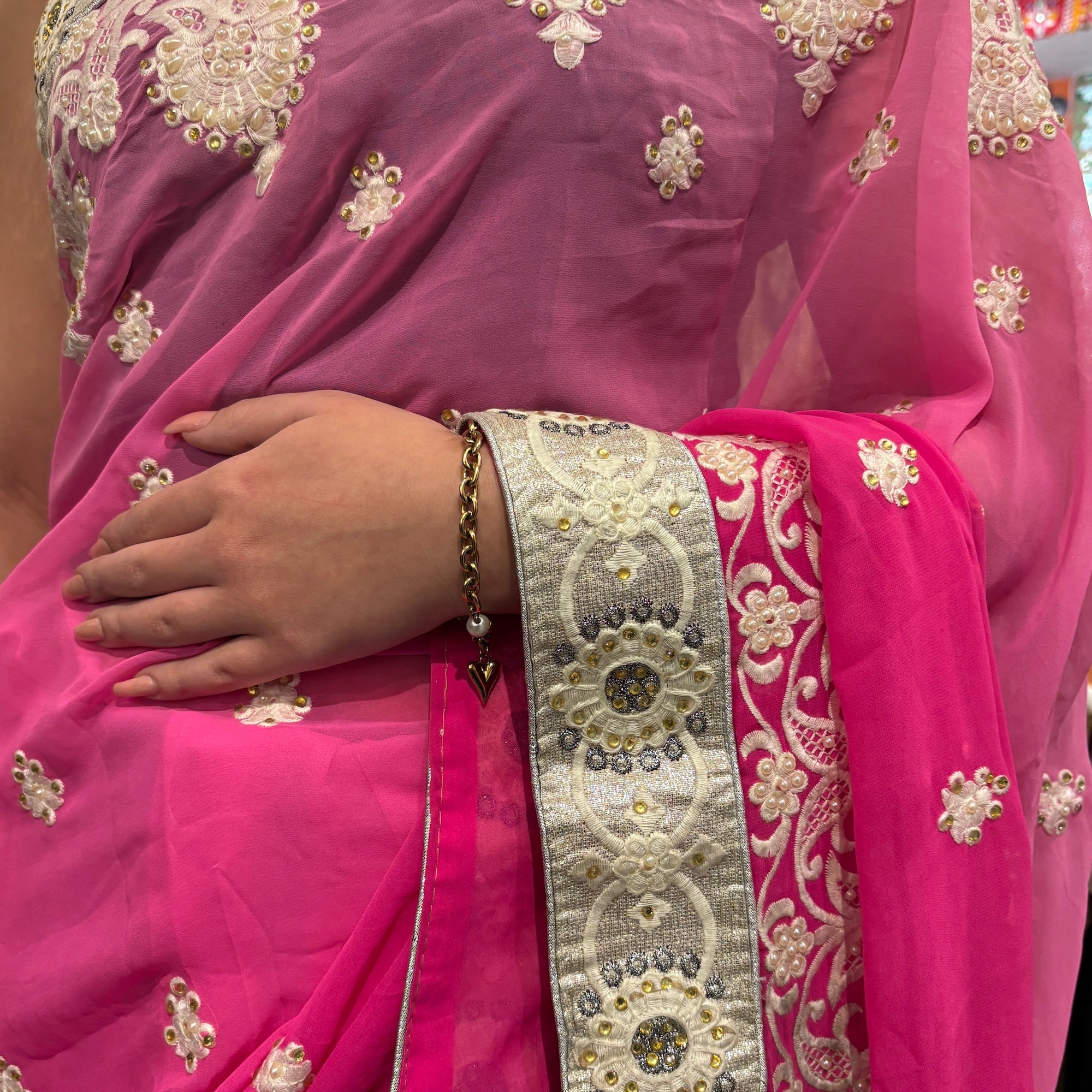 Bright Pink & Silver Georgette Saree w Blouse Piece - Vintage India NYC