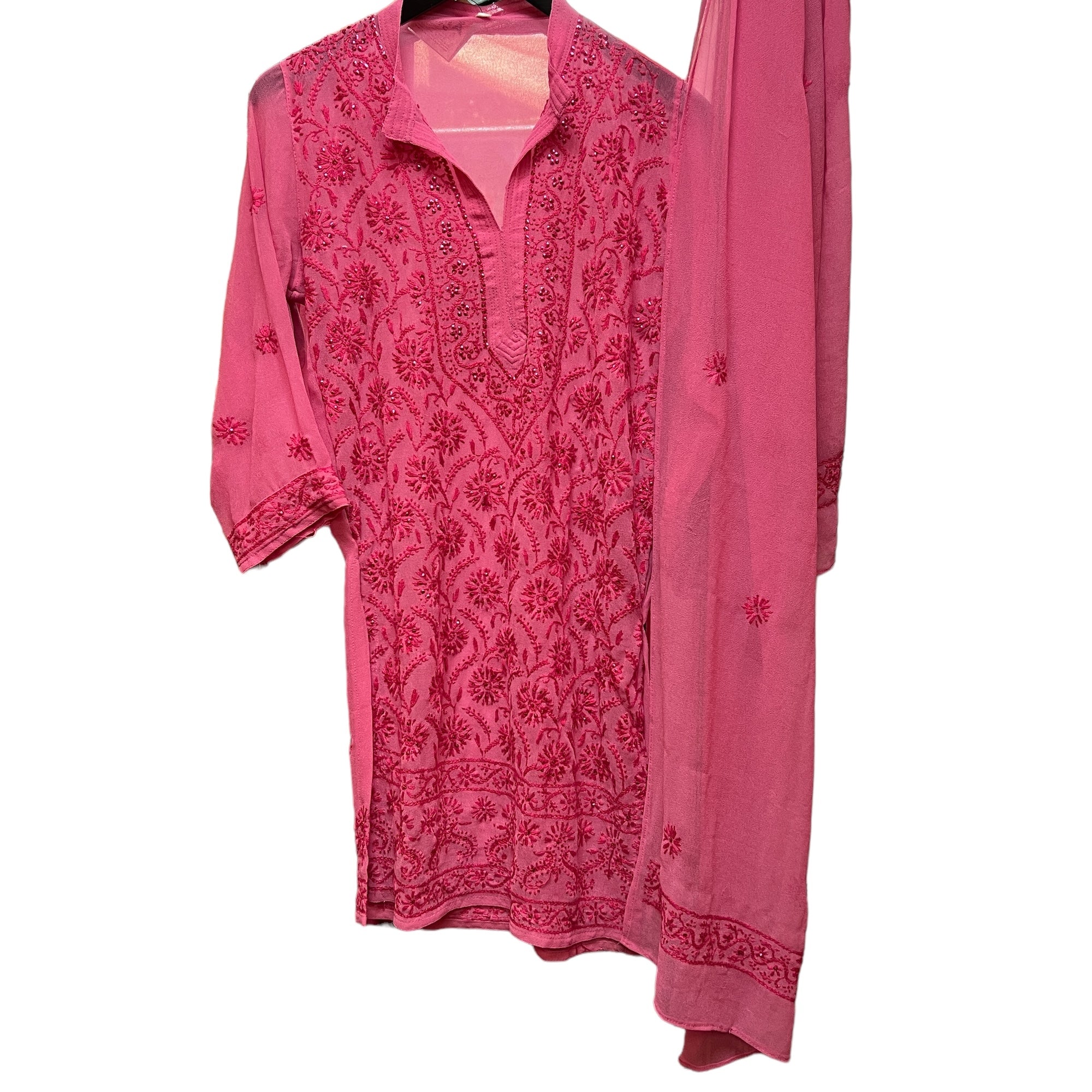 Bright Pink Embroidered Kurta-Size 36 - Vintage India NYC