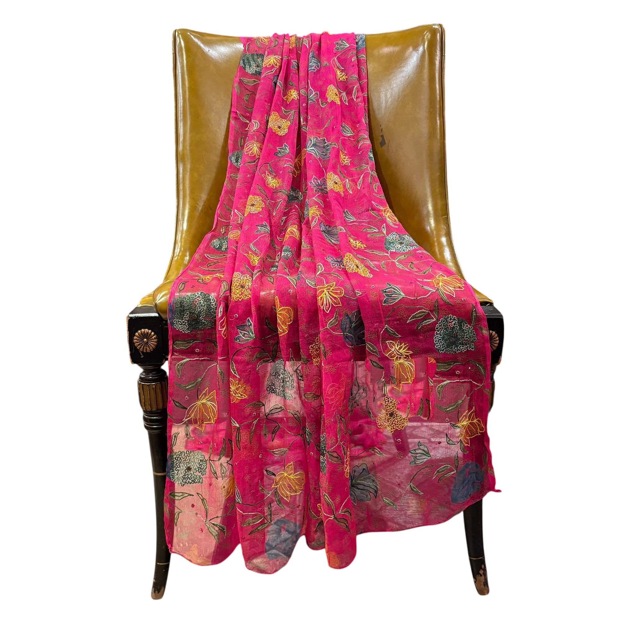 Bright Pink Floral Chiffon Dupatta - Vintage India NYC