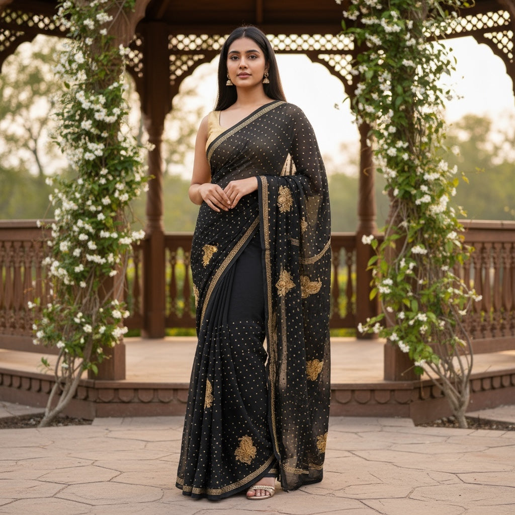 Black Silk Chiffon Embroidered Saree - Vintage India NYC