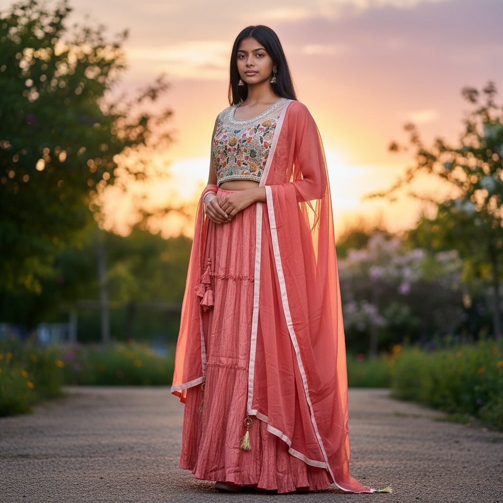 Crinkled Lehenga with Floral Blouse-2 Colors