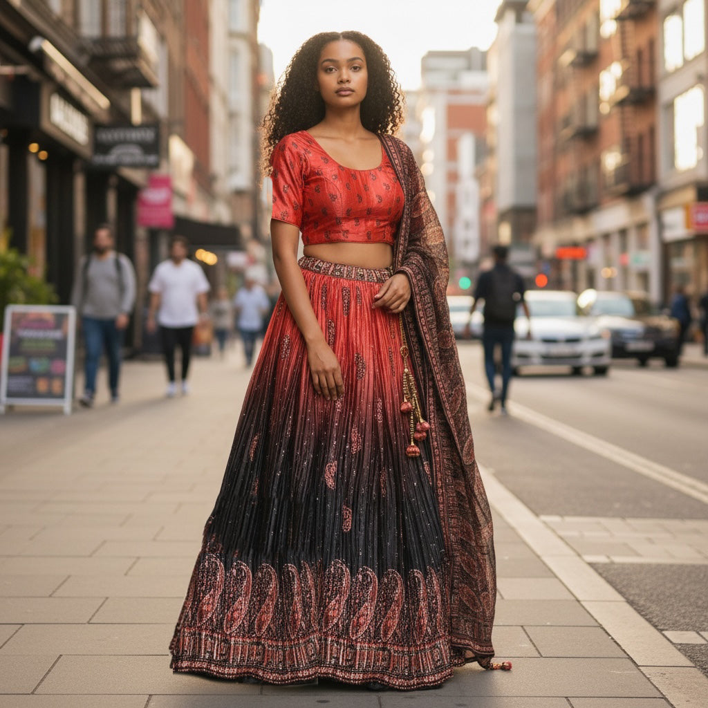 Coral & Navy Print Lehenga Set