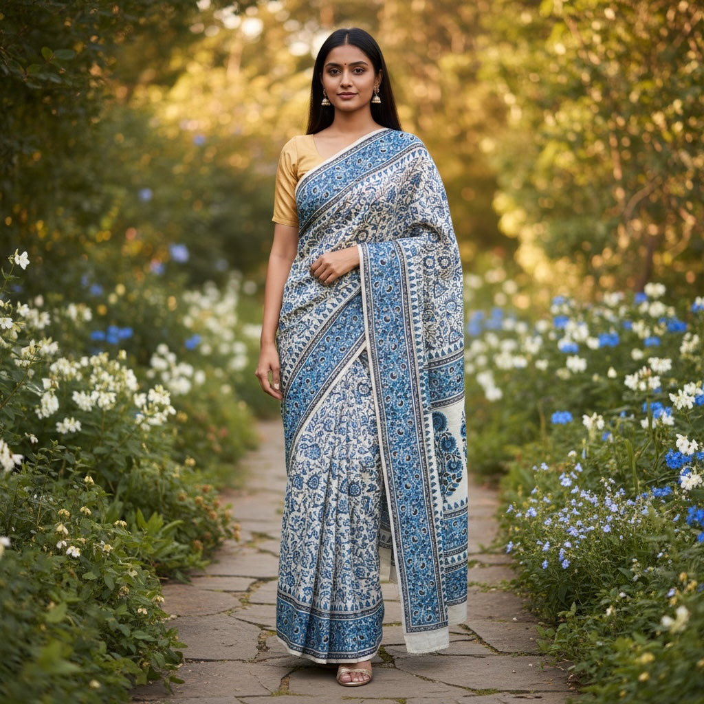 Blue Flower Blockprint Silk Saree - Vintage India NYC