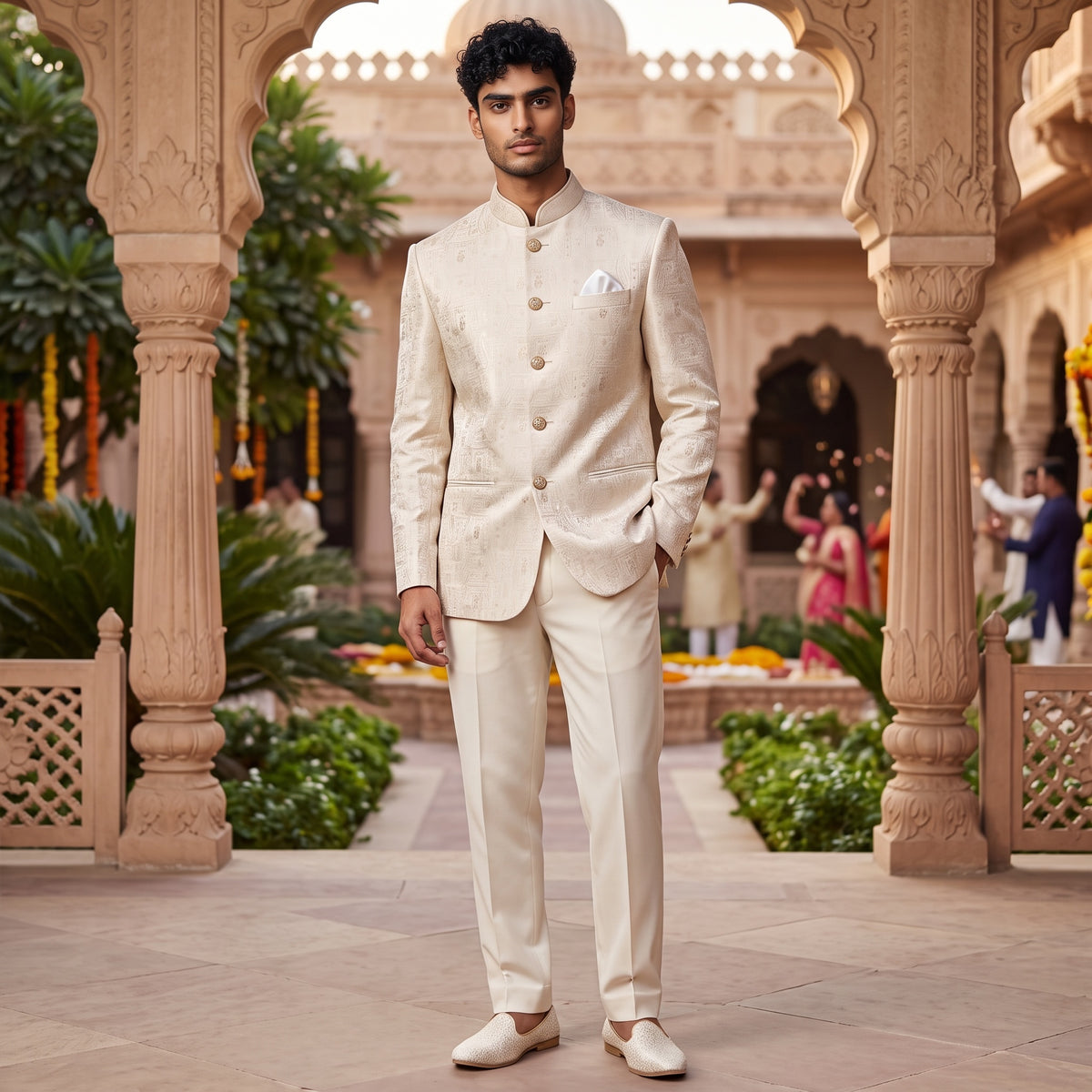 Cream Geometric Jodhpuri Jacket