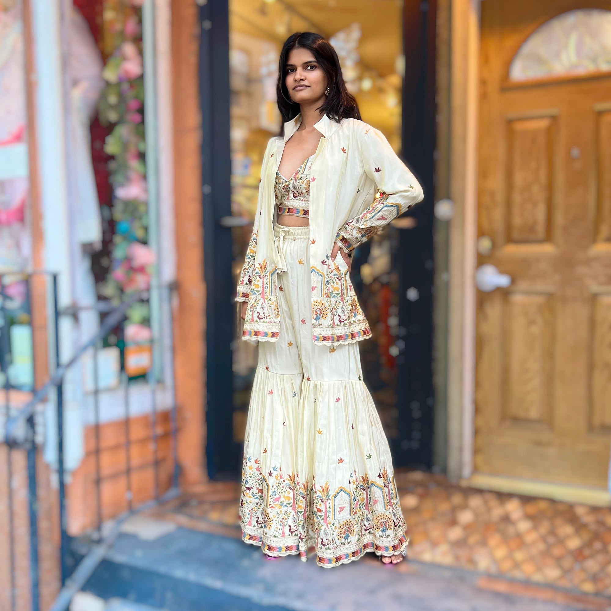 Cream Embroidered Gharara Jacket Set