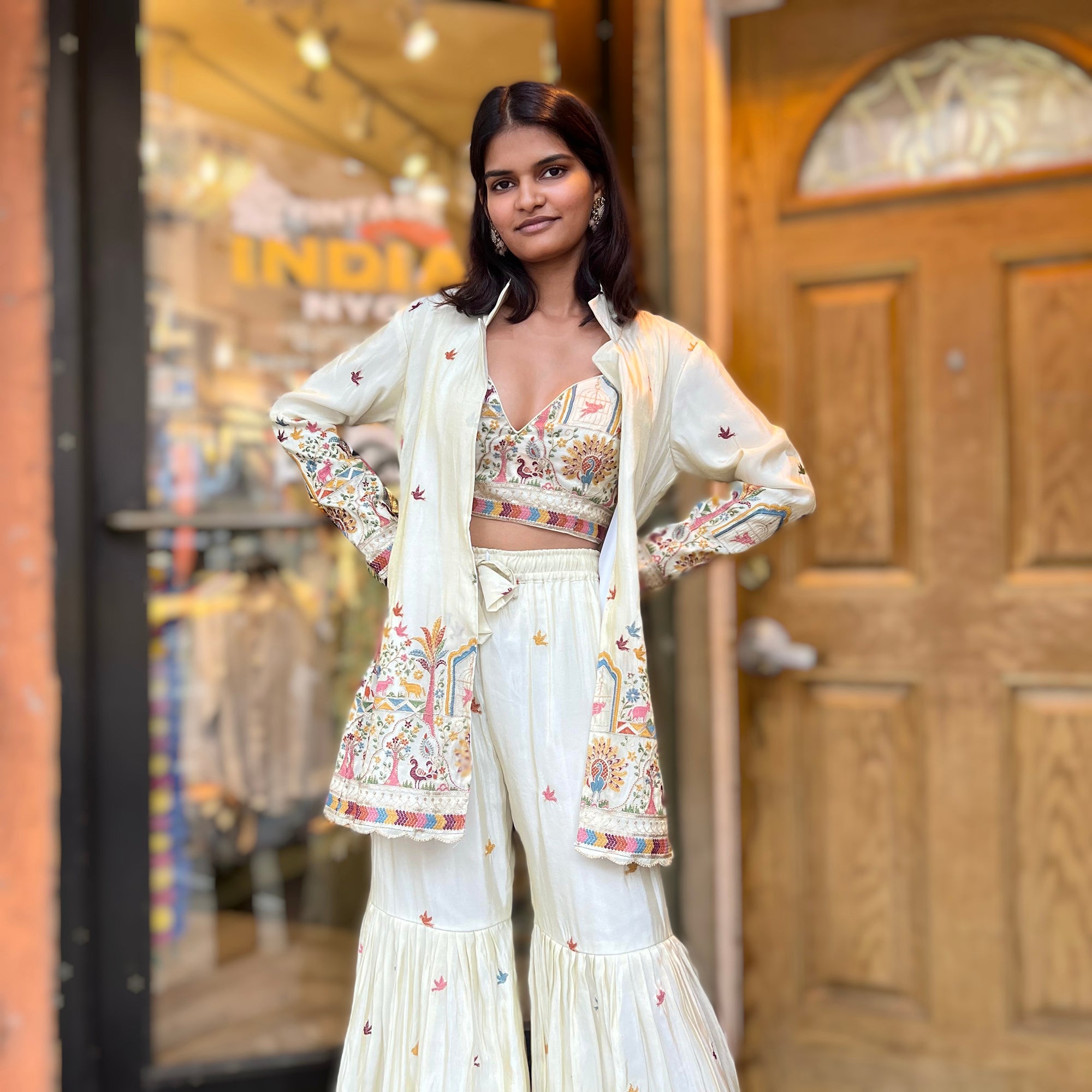 Cream Embroidered Gharara Jacket Set