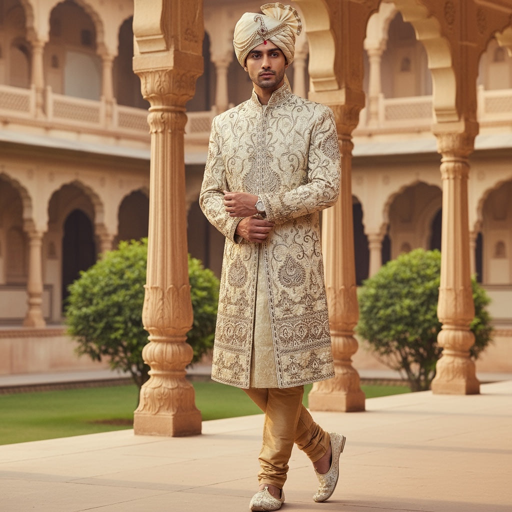 Heavywork Cream Sherwani - Vintage India NYC