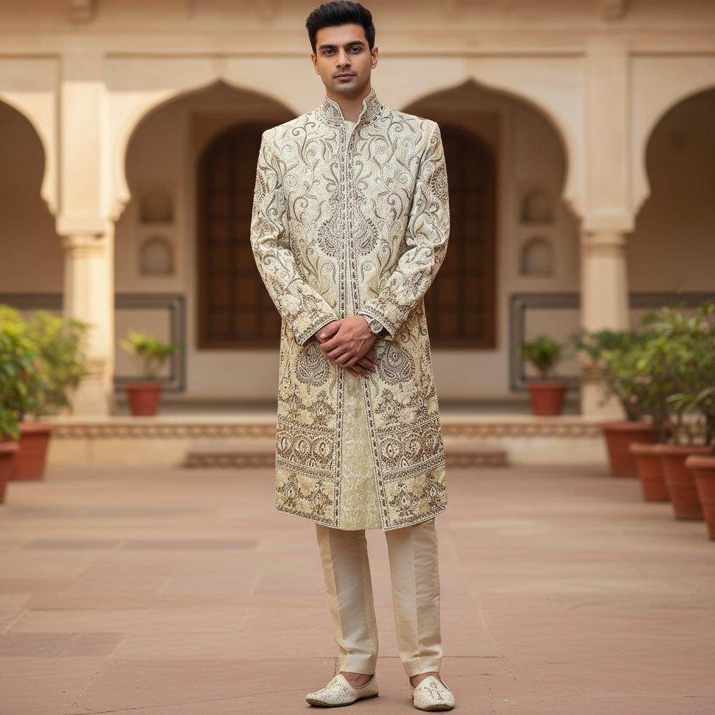 Heavywork Cream Sherwani - Vintage India NYC