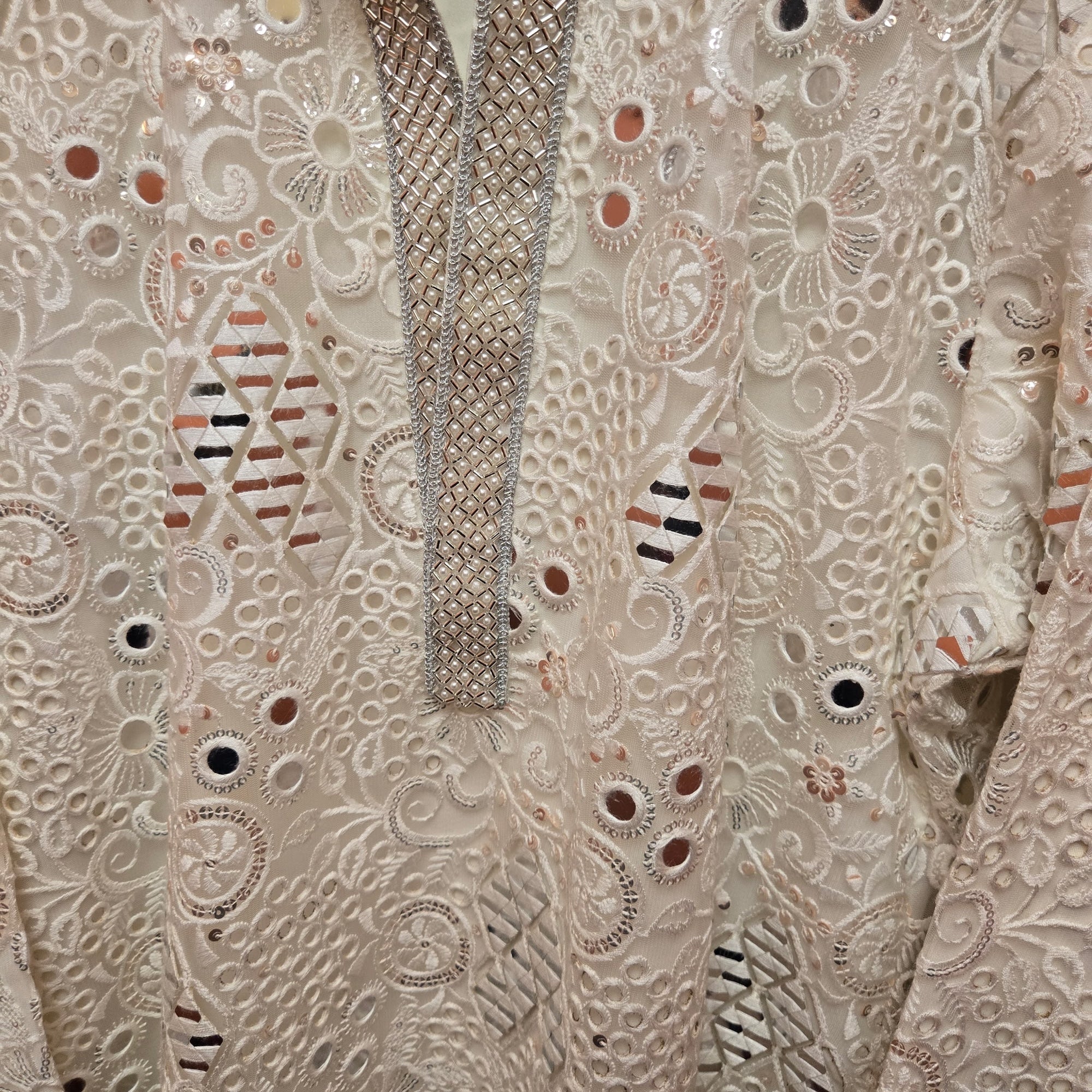 Cream Mirror Heavy Lucknowi Kurta
