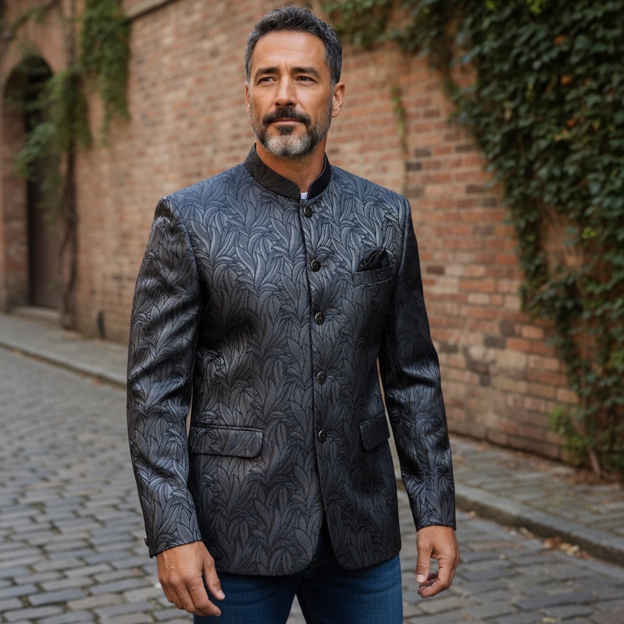 Charcoal & Navy Fern Jacquard Jodhpuri Jacket