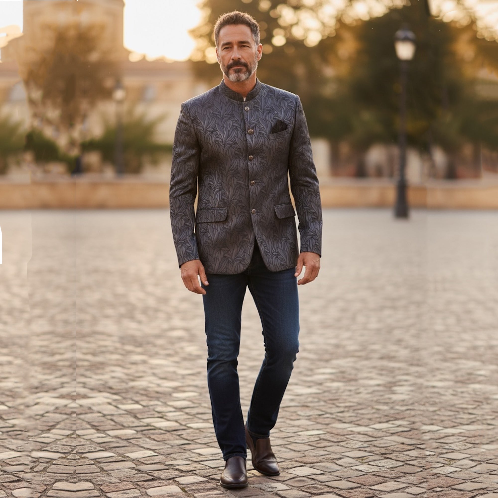 Charcoal & Navy Fern Jacquard Jodhpuri Jacket