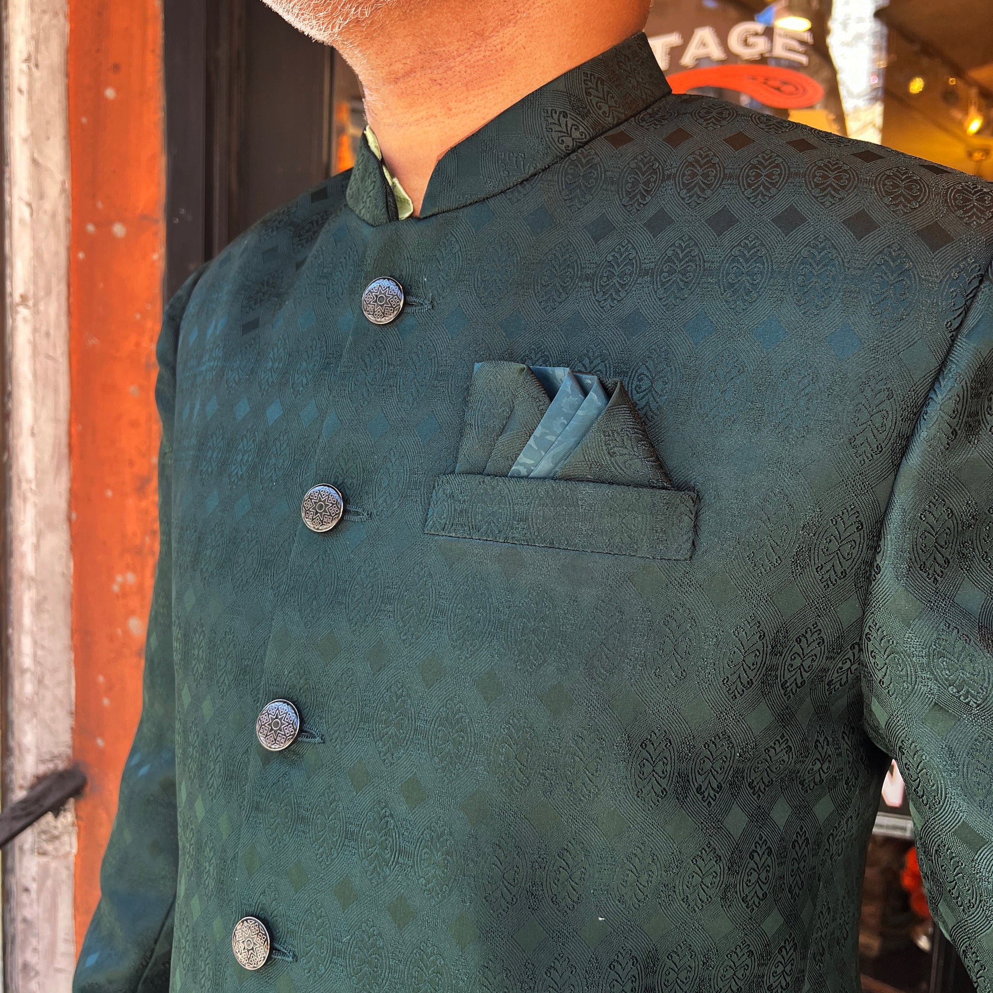 Dark Green Jacquard Jodhpuri Jacket