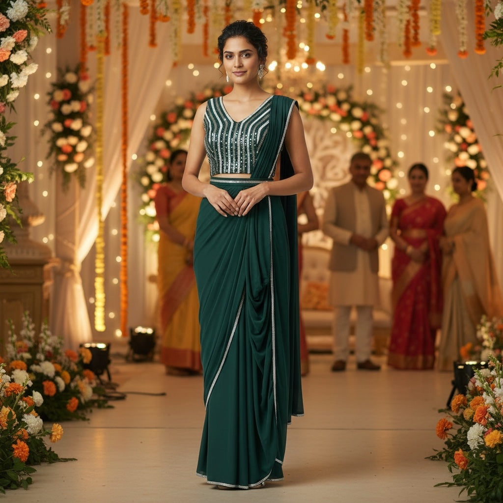 Readymade Dark Green Saree