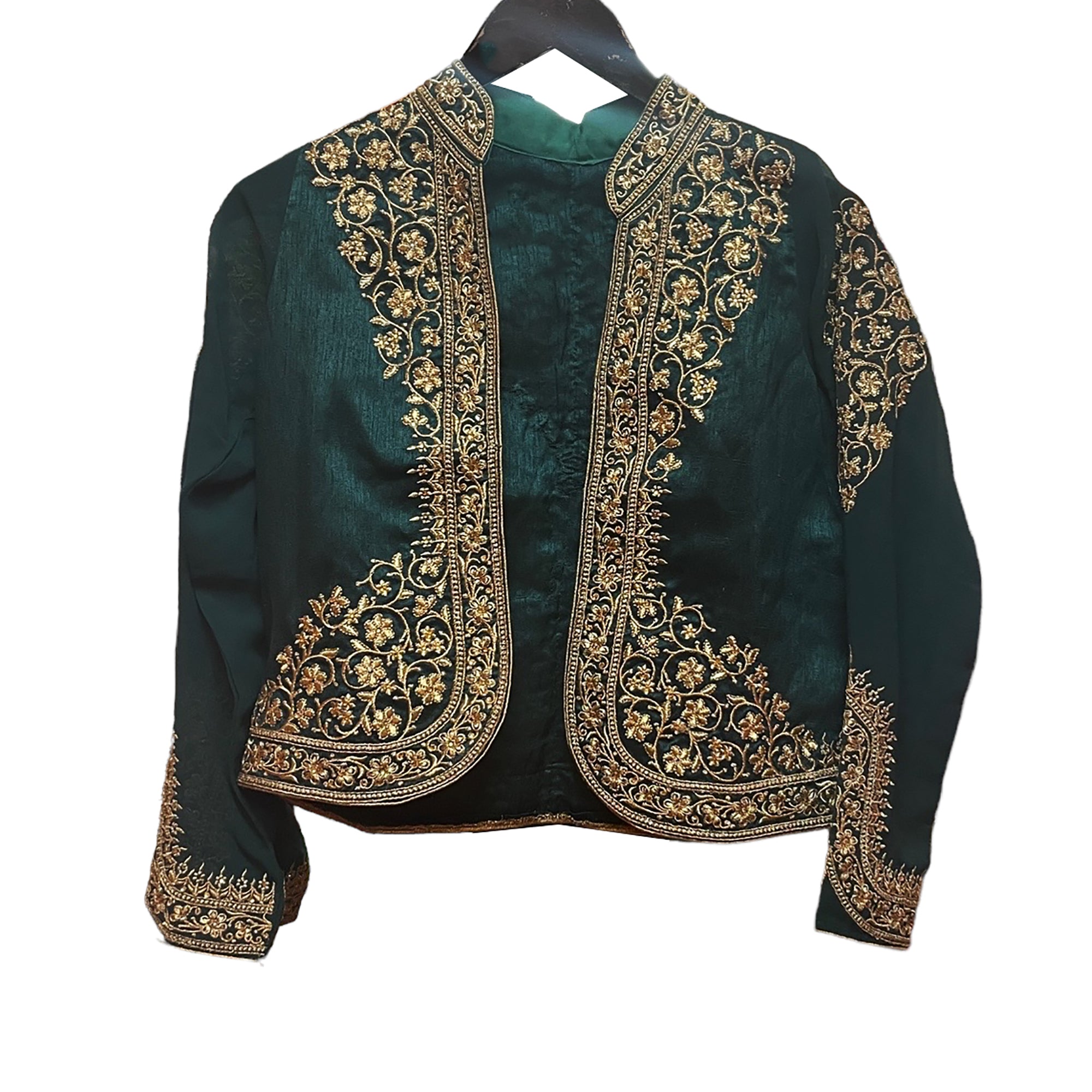 Dark Green Silk Jacket with Hand Embroidery - Vintage India NYC