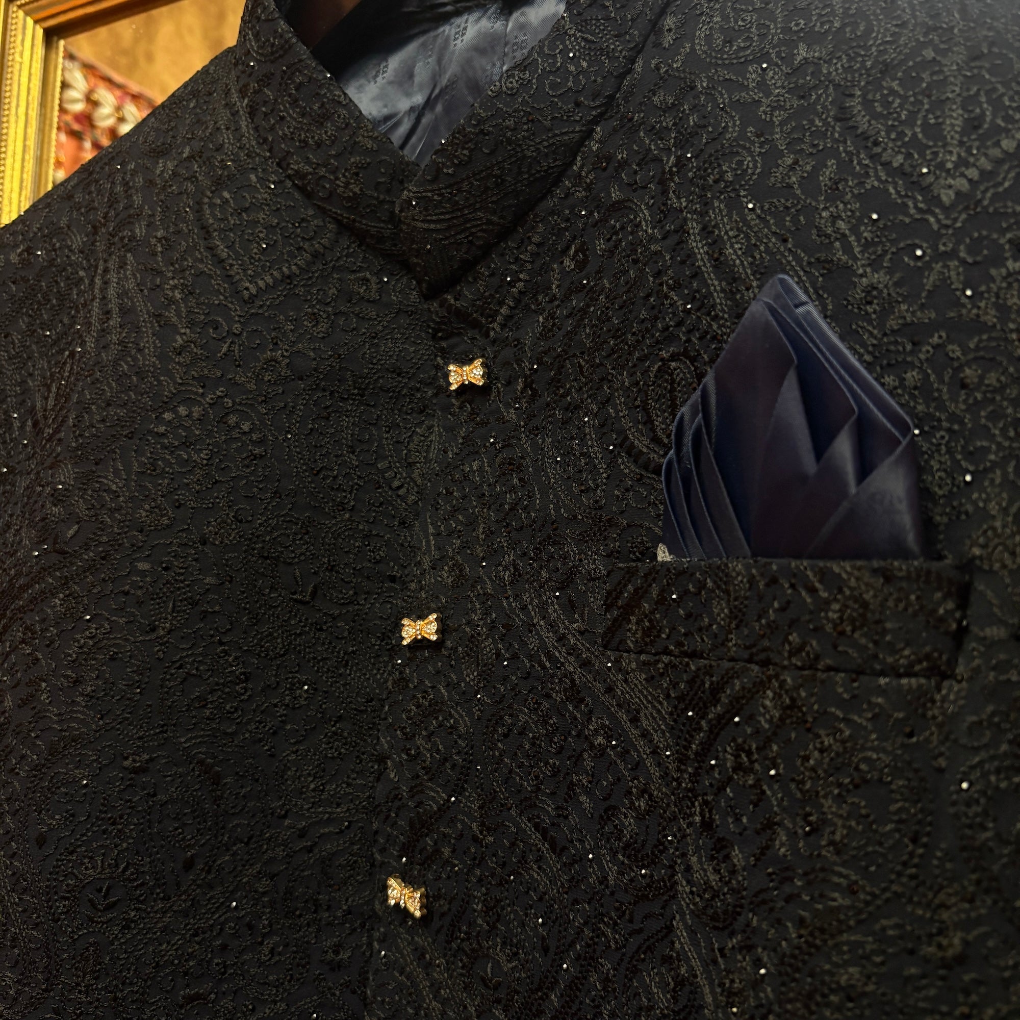 Dark Navy Paisley Jodhpuri Jacket - Vintage India NYC