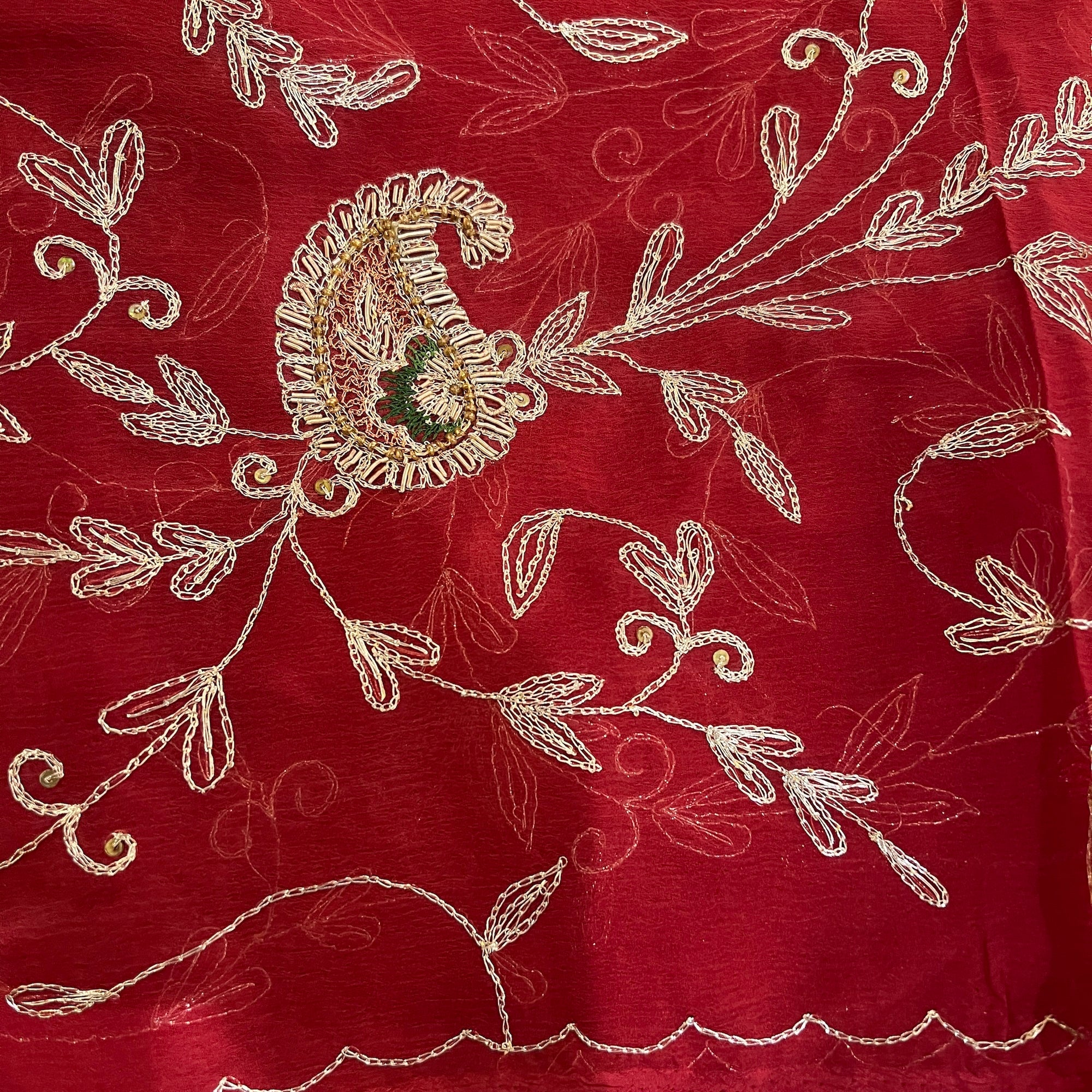 Red Zari & Zardosi Paisley Dupatta - Vintage India NYC