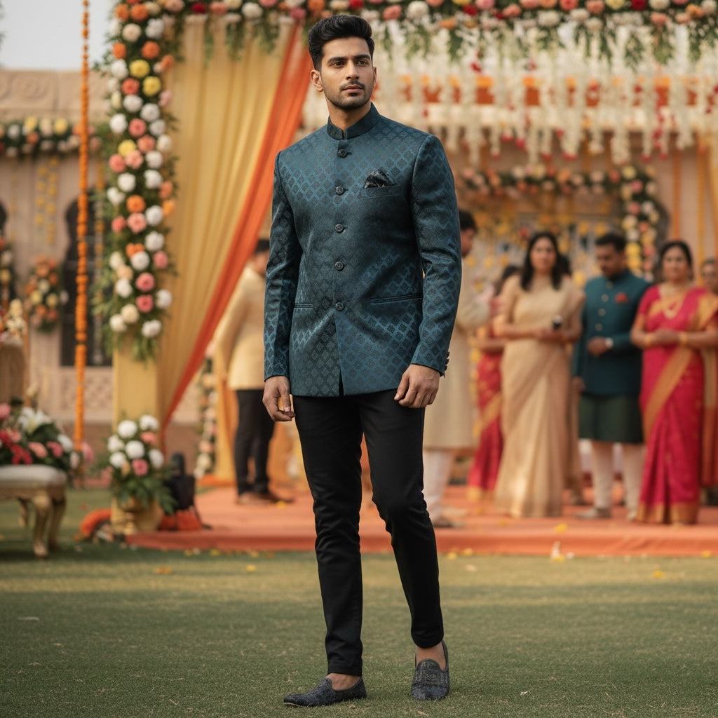 Dark Teal Diamond Butah Jodhpuri Jacket