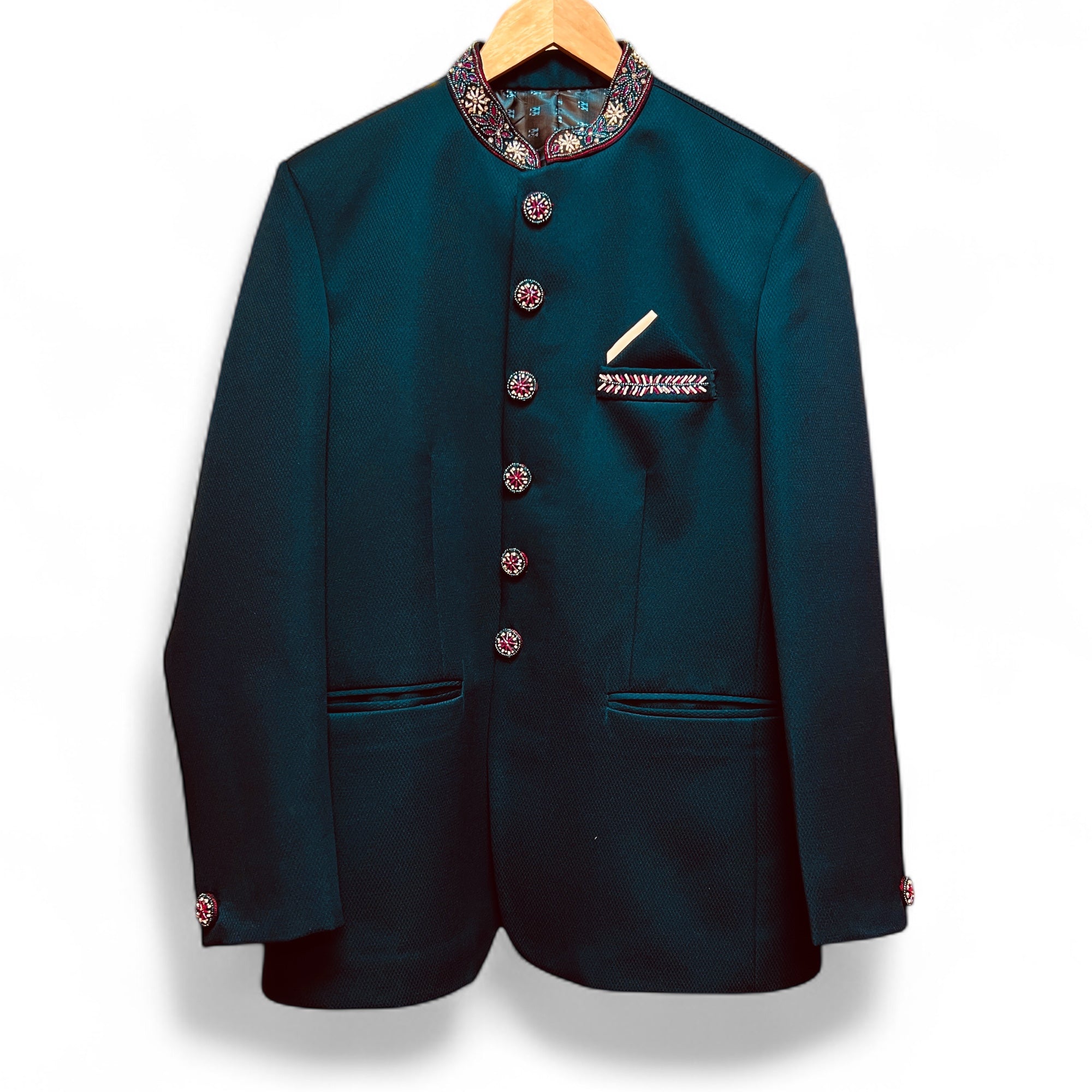 Dark Teal Beadwork Jodhpuri Suit
