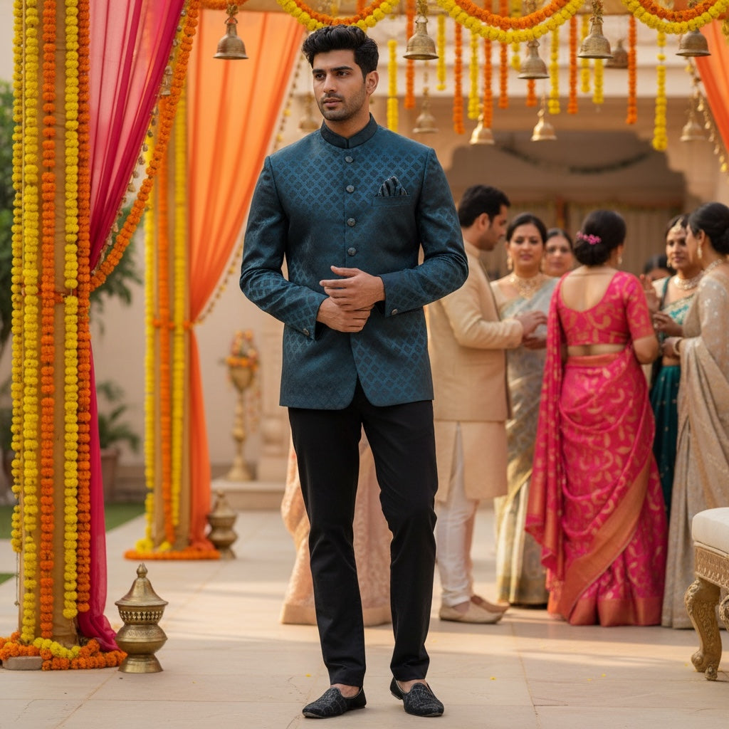 Dark Teal Diamond Butah Jodhpuri Jacket