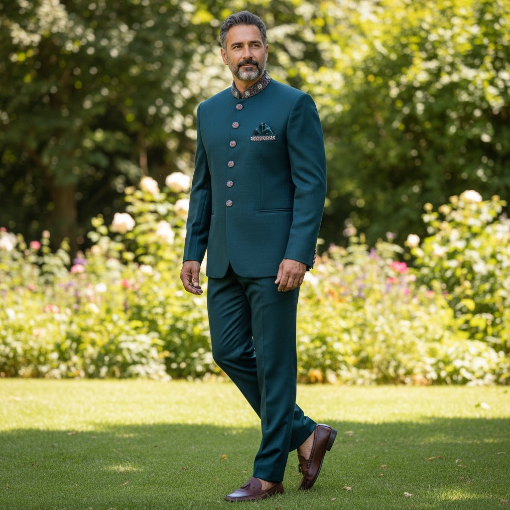 Dark Teal Beadwork Jodhpuri Suit