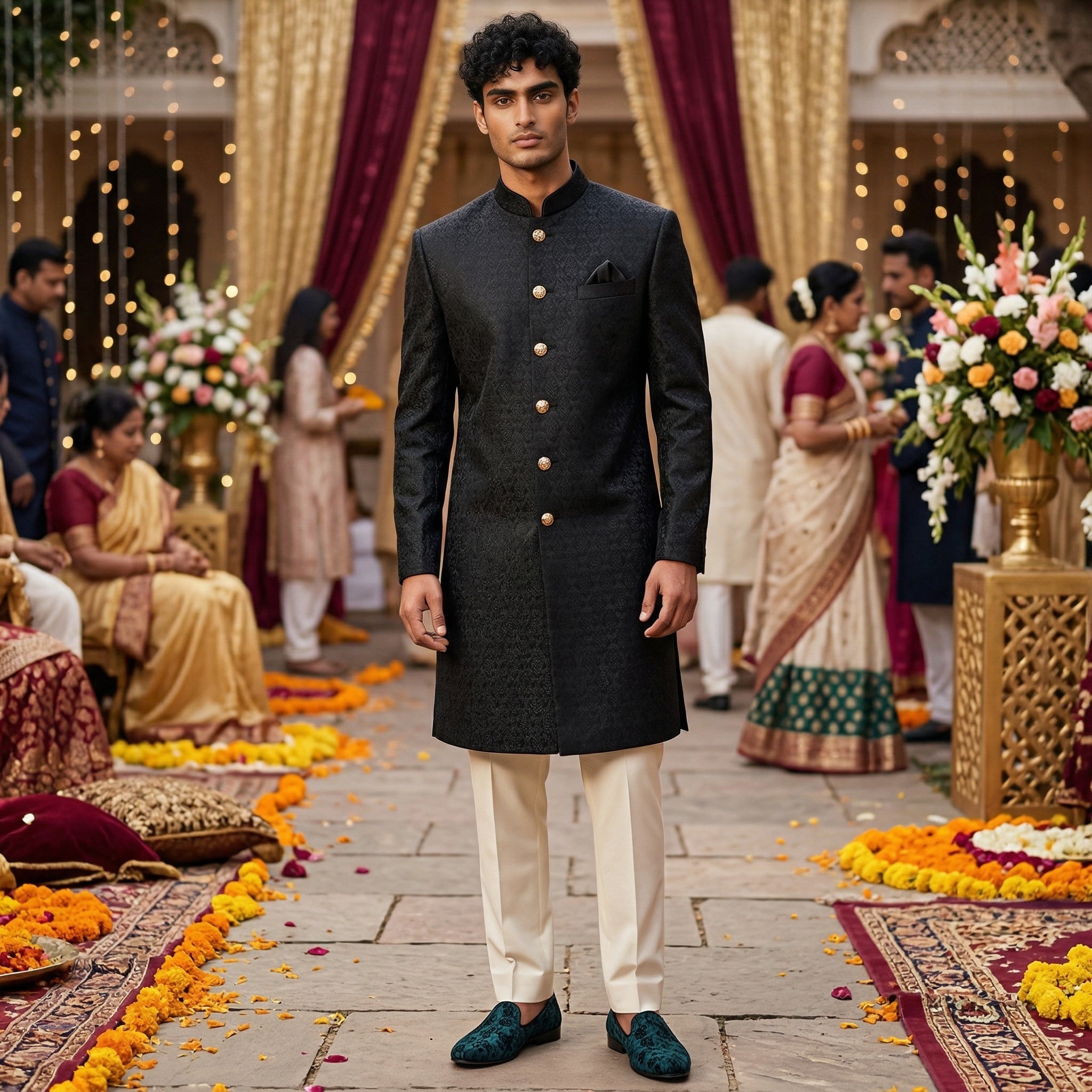 Deep Forest Paisley Floral Tile Sherwani - Vintage India NYC