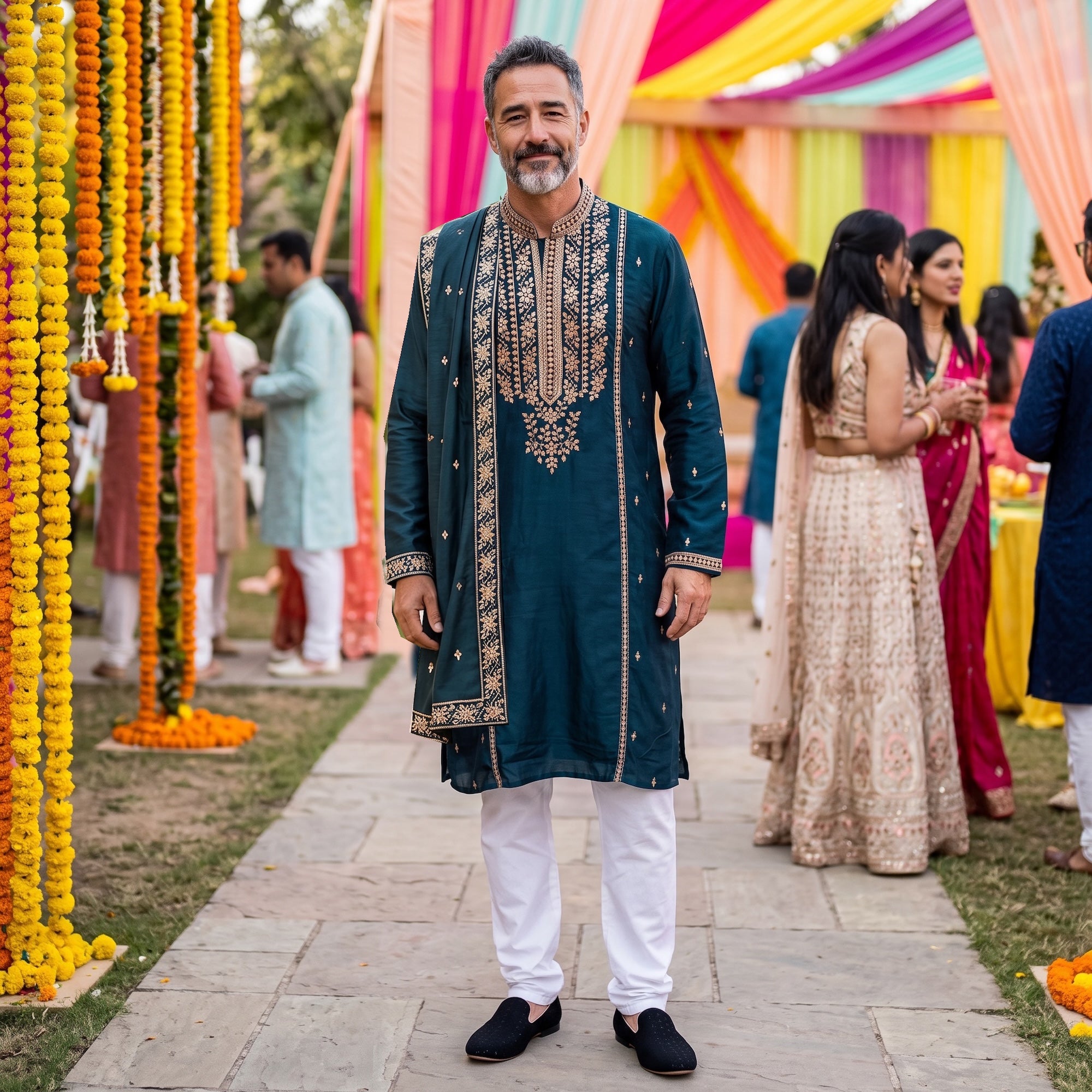 Deep Ocean Embroidered Kurta w/ Stole
