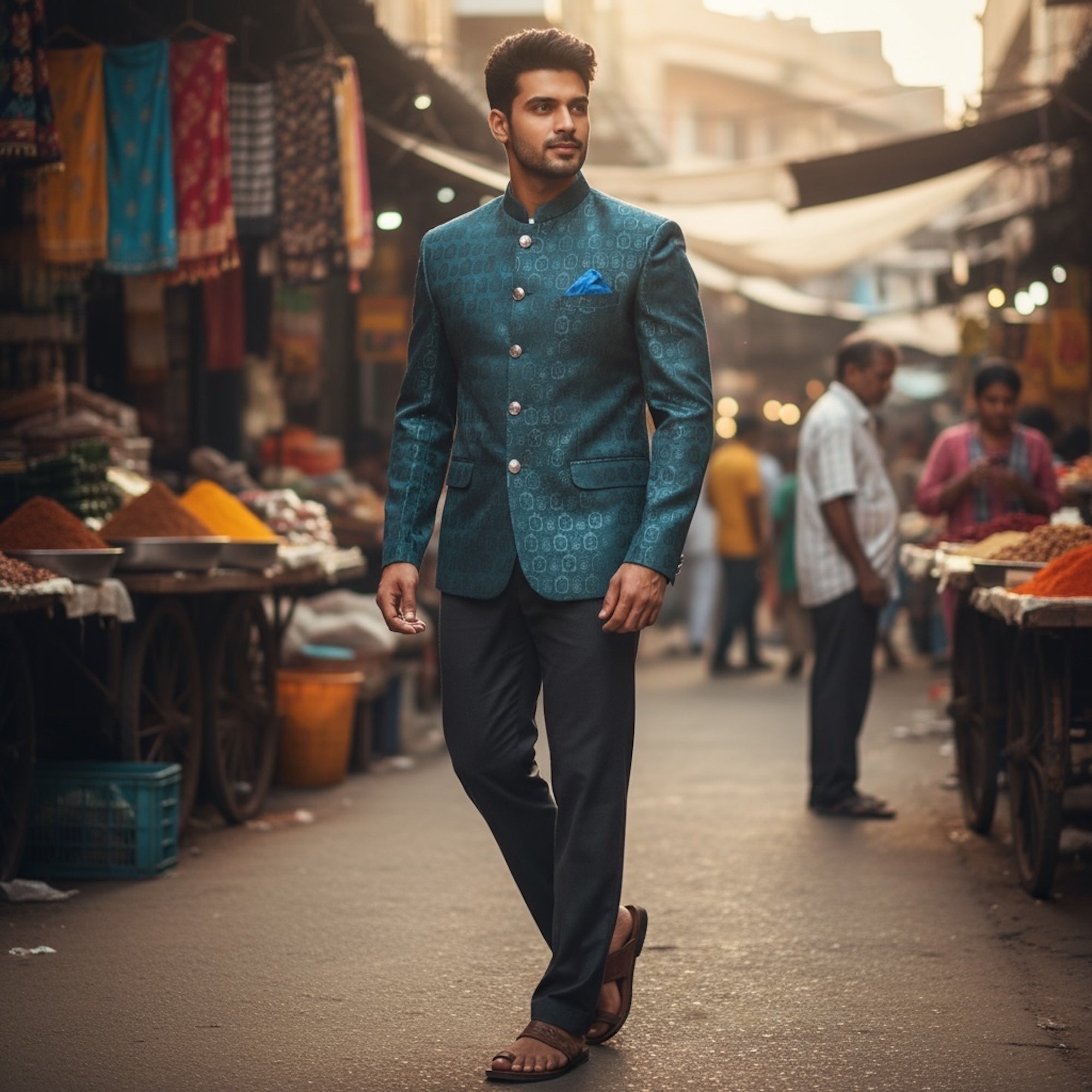 Deep Ocean Jacquard Jodhpuri Jacket