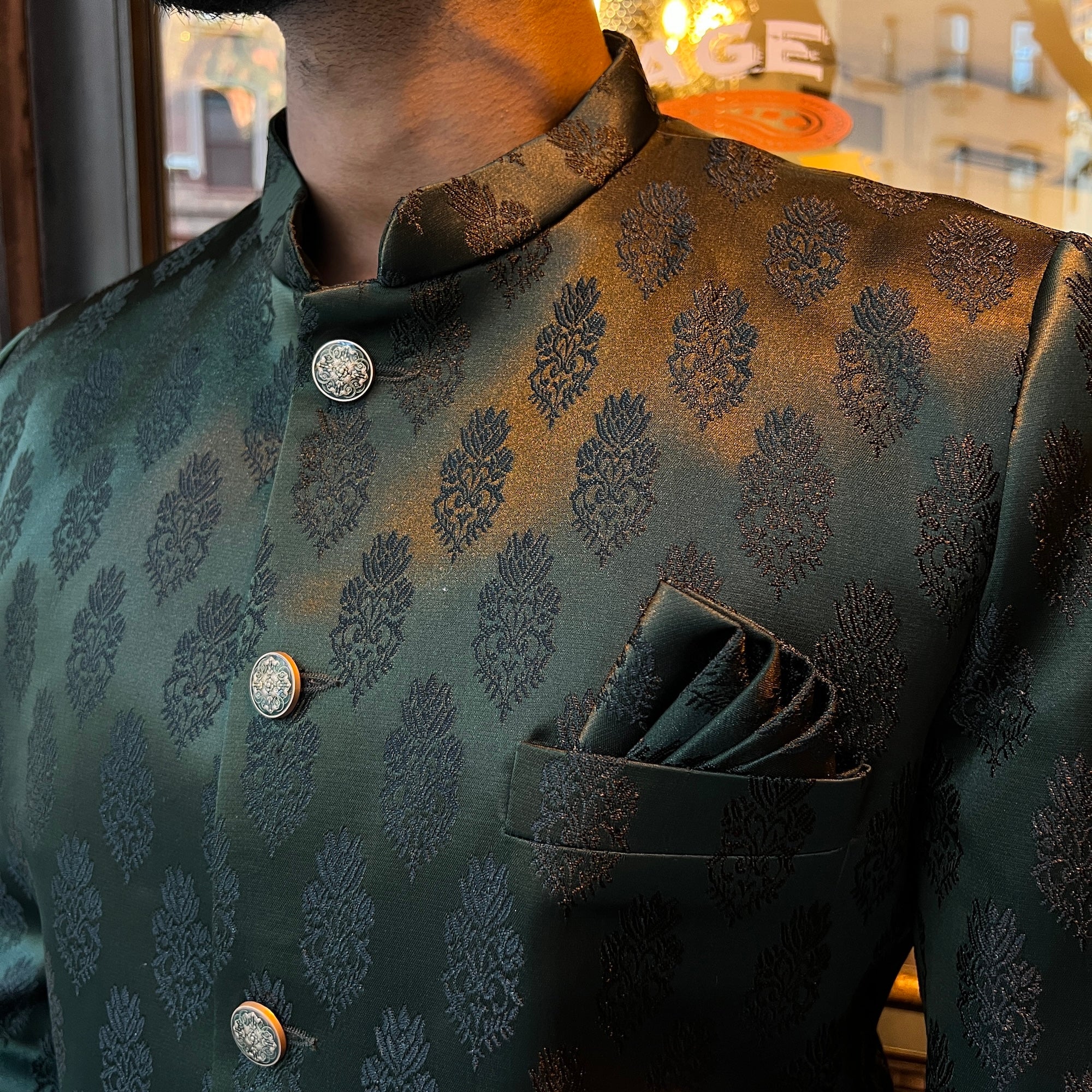 Dark Green Jacquard Sherwani