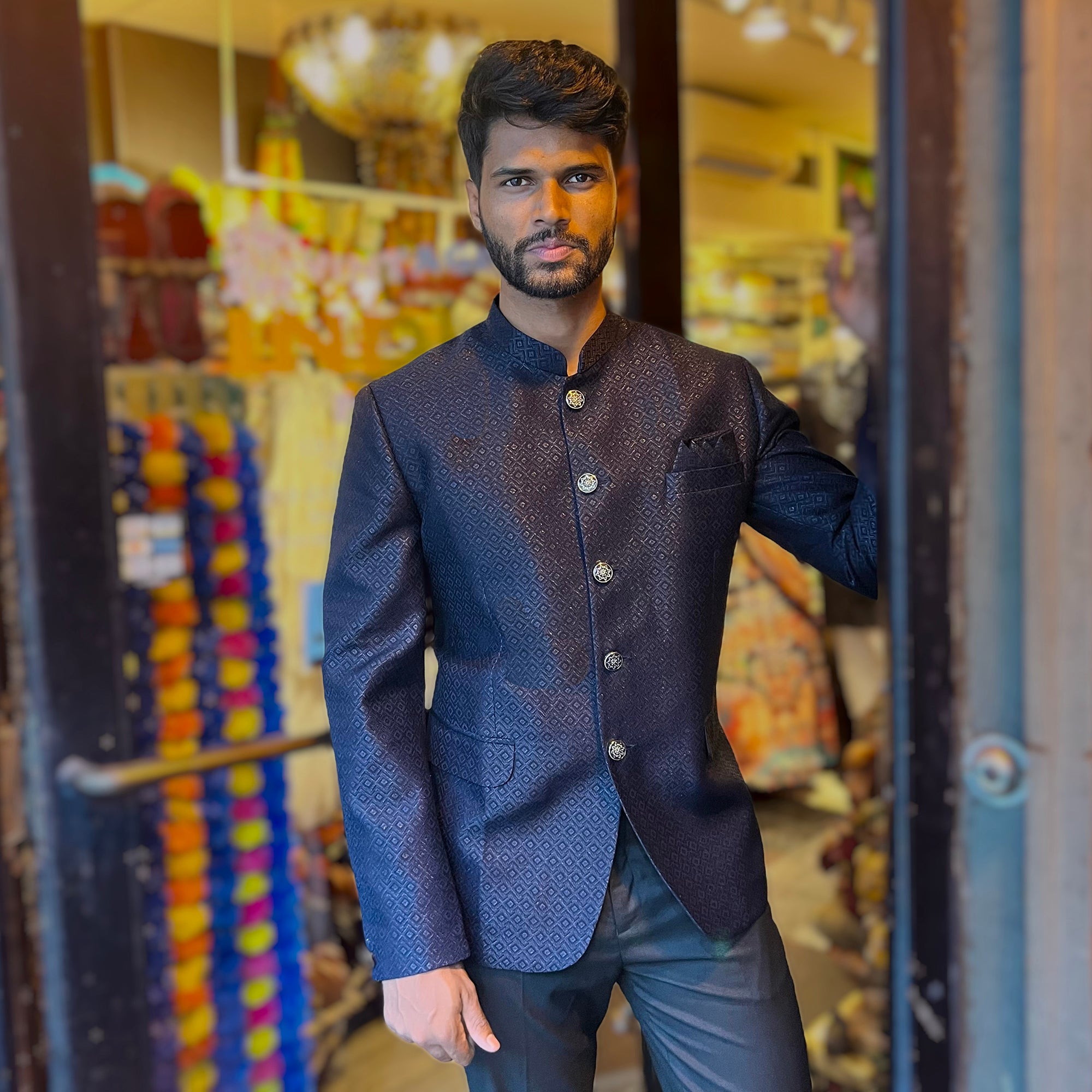 Navy Diamond Jacquard Jodhpuri Jacket