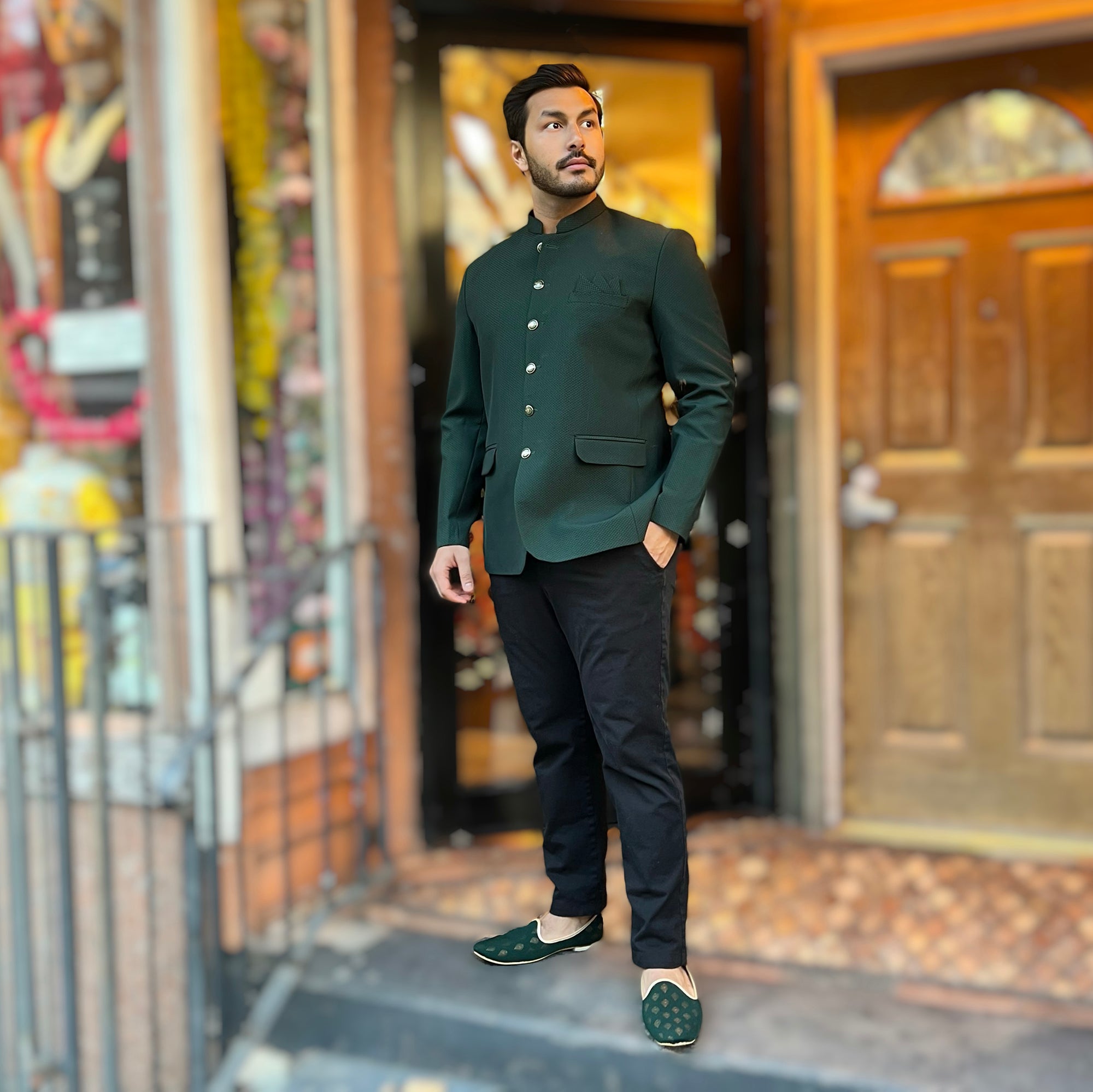 Forest Jacquard Jodhpuri Jacket-Size 44