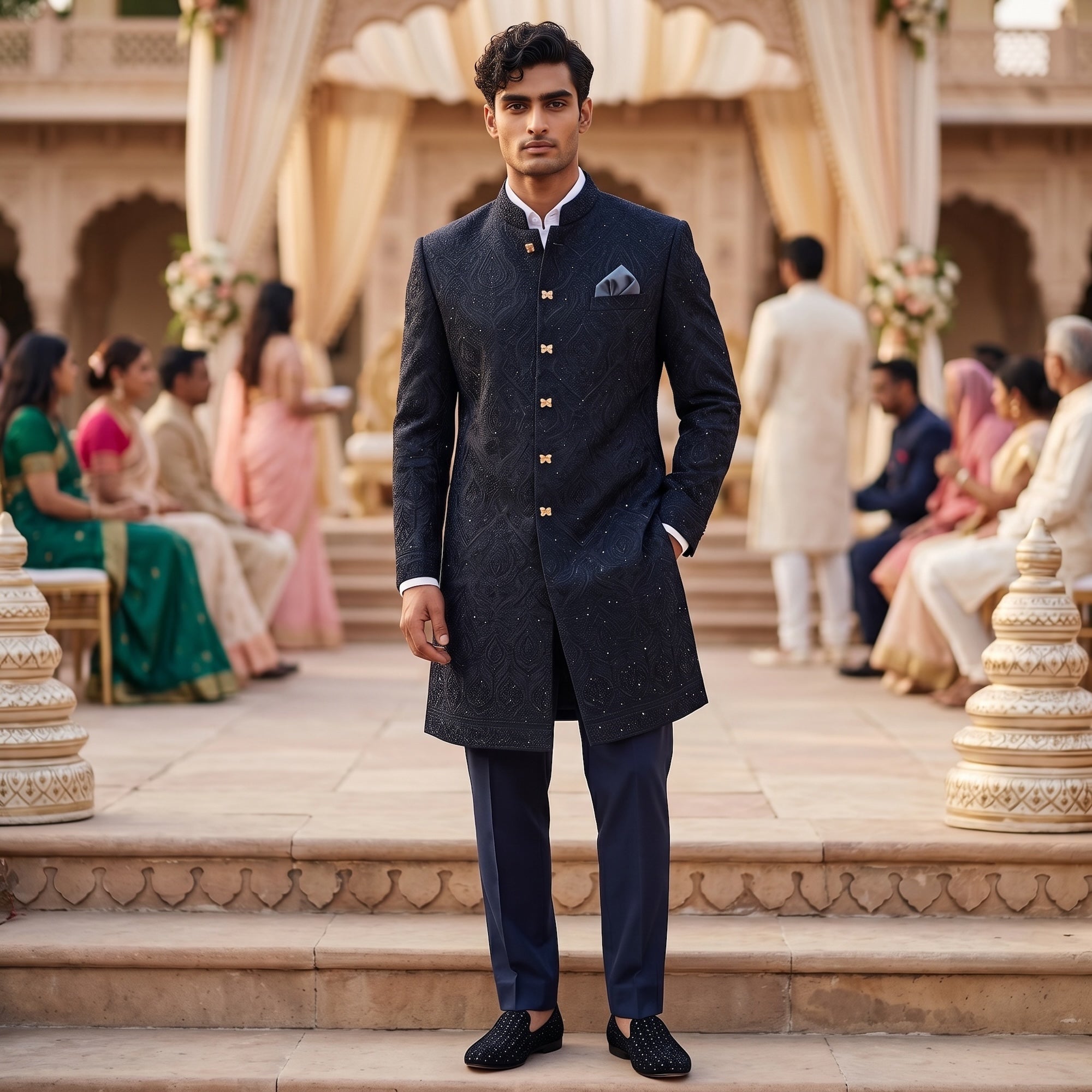 Dark Navy Paisley Sherwani
