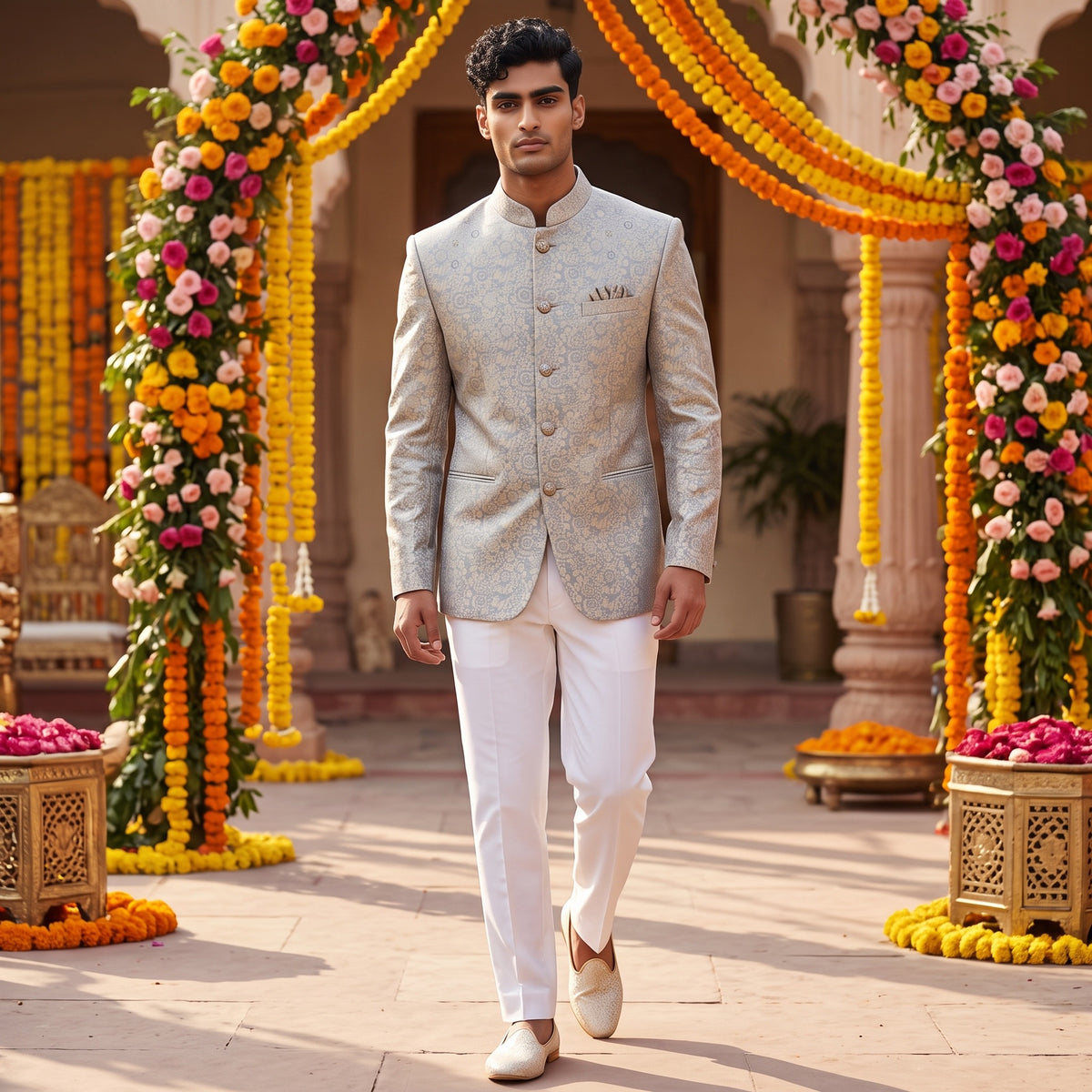 Dove Grey Barley Motif Jodhpuri Jacket
